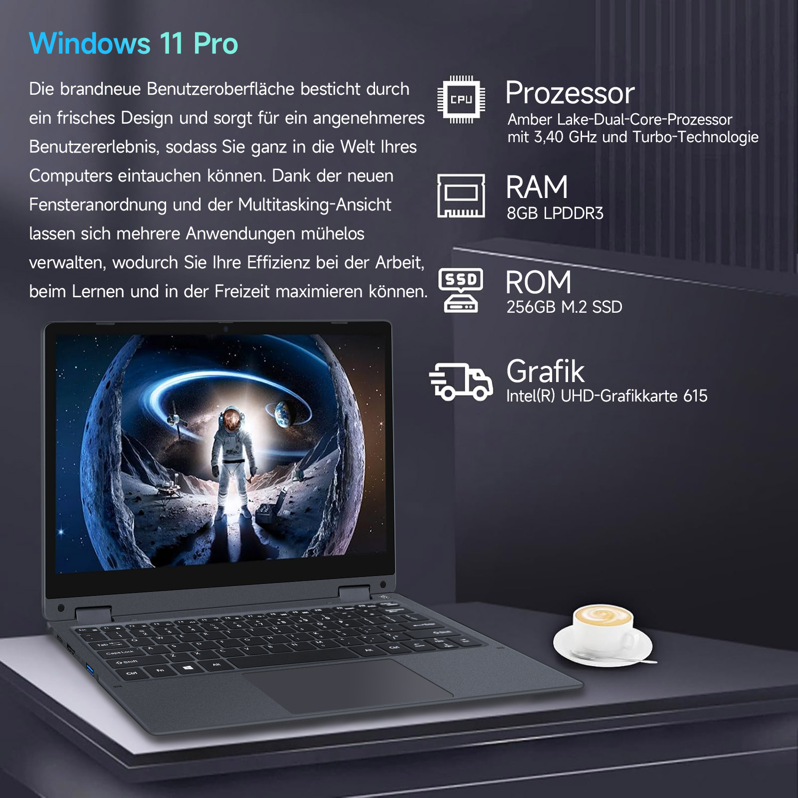 Ein offener Laptop mit Windows 11 Pro, der eine Weltraum-Szene anzeigt. Spezifikationen sind auf der rechten Seite aufgeführt.