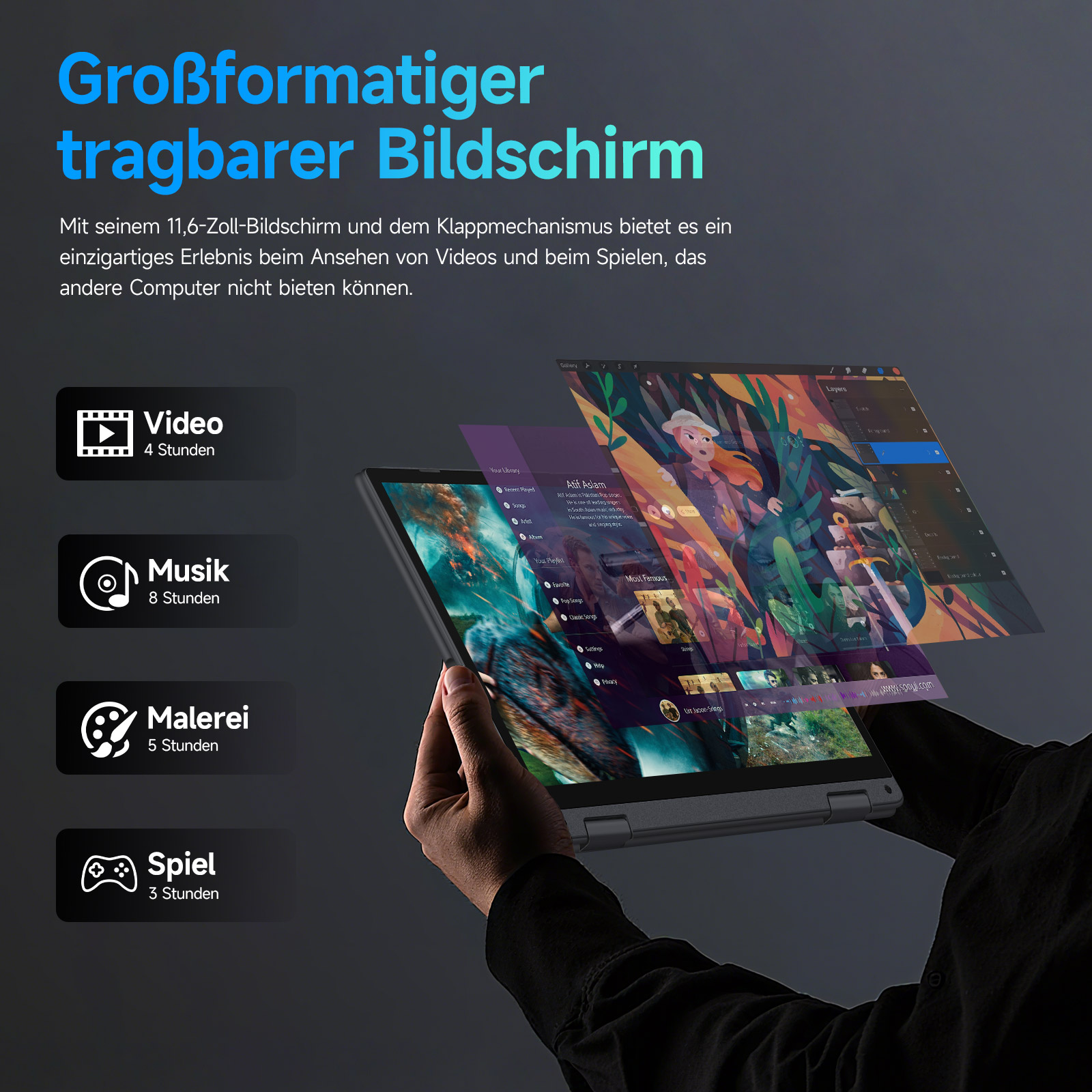 Ein Mann hält einen Laptop mit mehreren offenen Apps, darunter Musik, Malerei und Spiele.