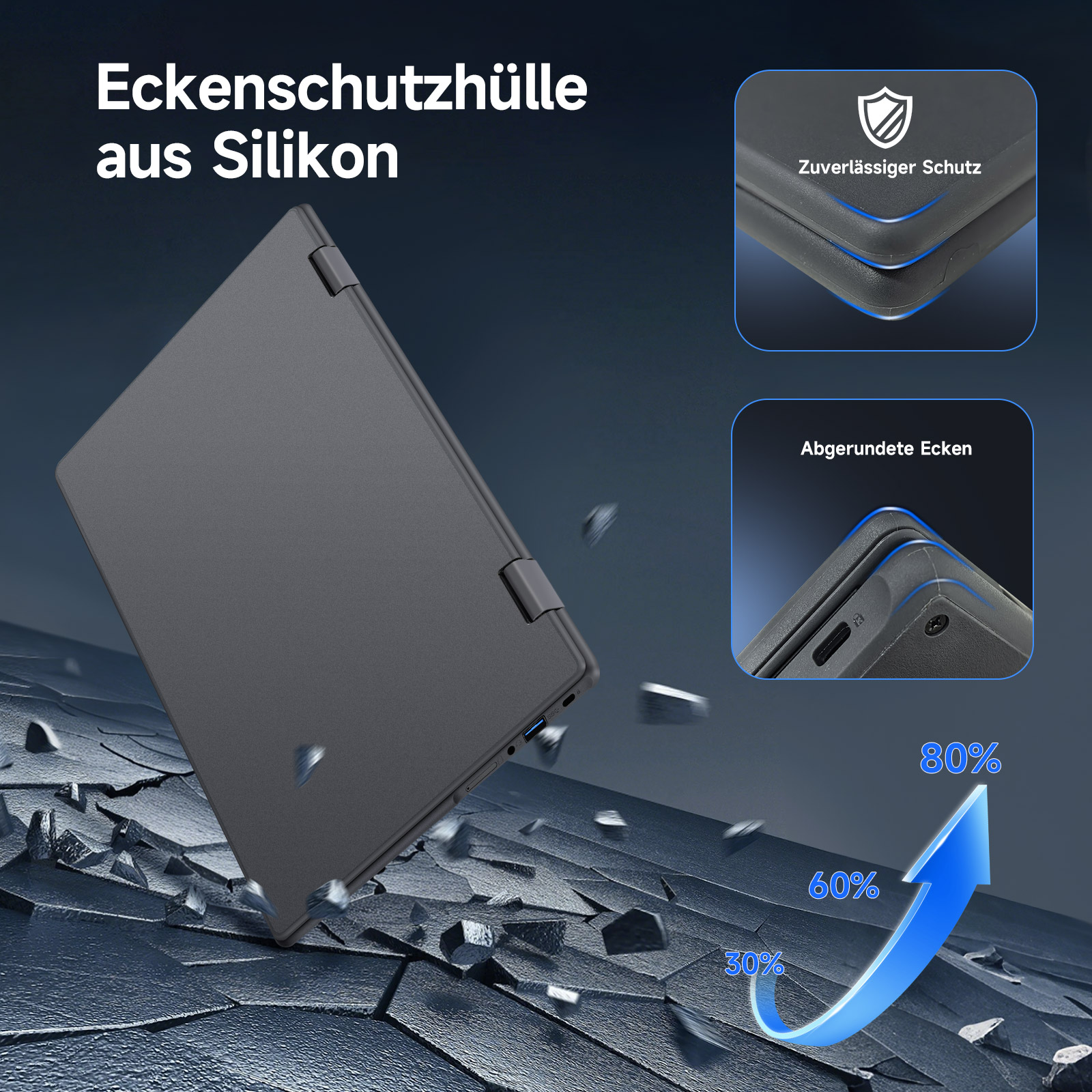 Graues Laptop mit Silikon-Eckenschutz fällt auf zerbrochenen Boden.
