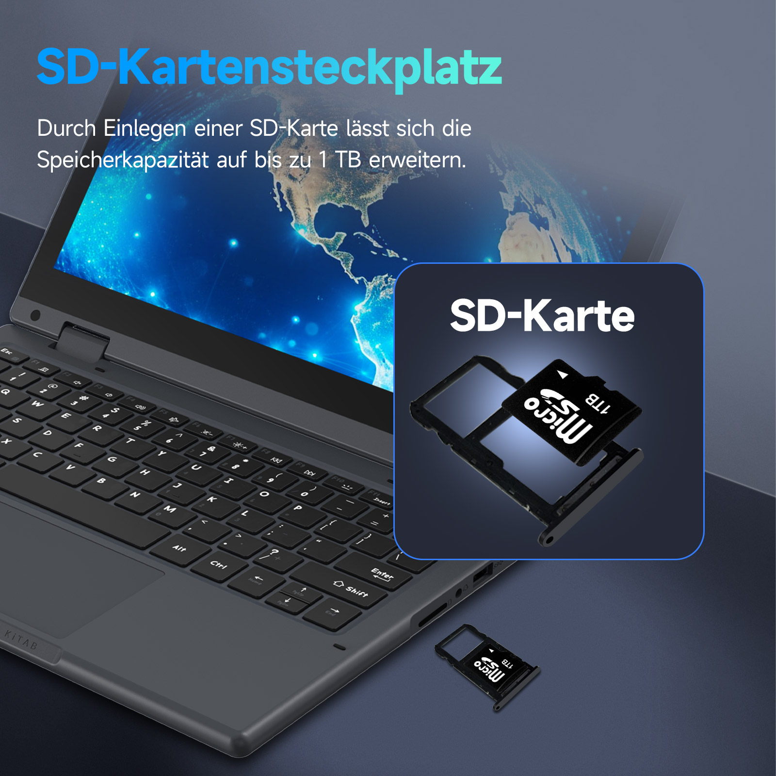 Ein Laptop mit SD-Kartensteckplatz, der 1 TB erweitert.