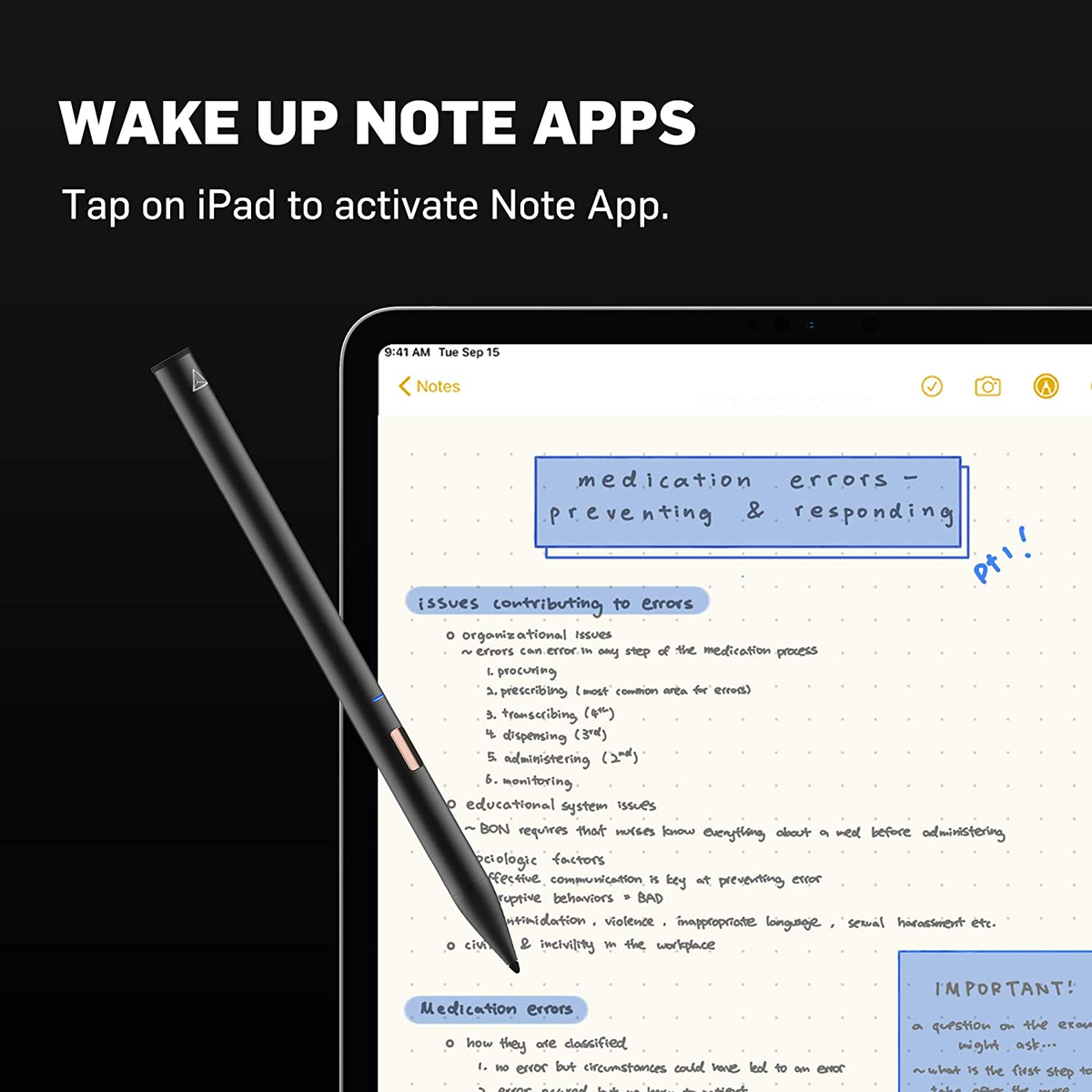 Uno stilo poggia su un'app di note su un tablet. Le note riguardano errori di medicazione.