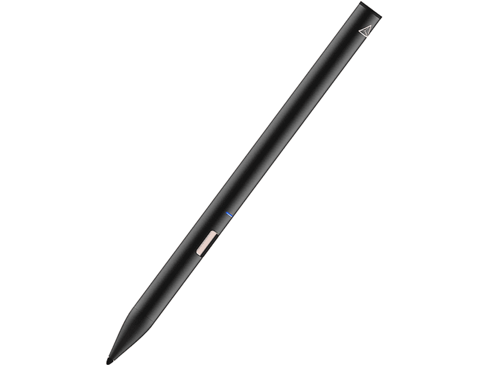 Uno stilo nero sottile con una piccola luce blu e un pulsante.