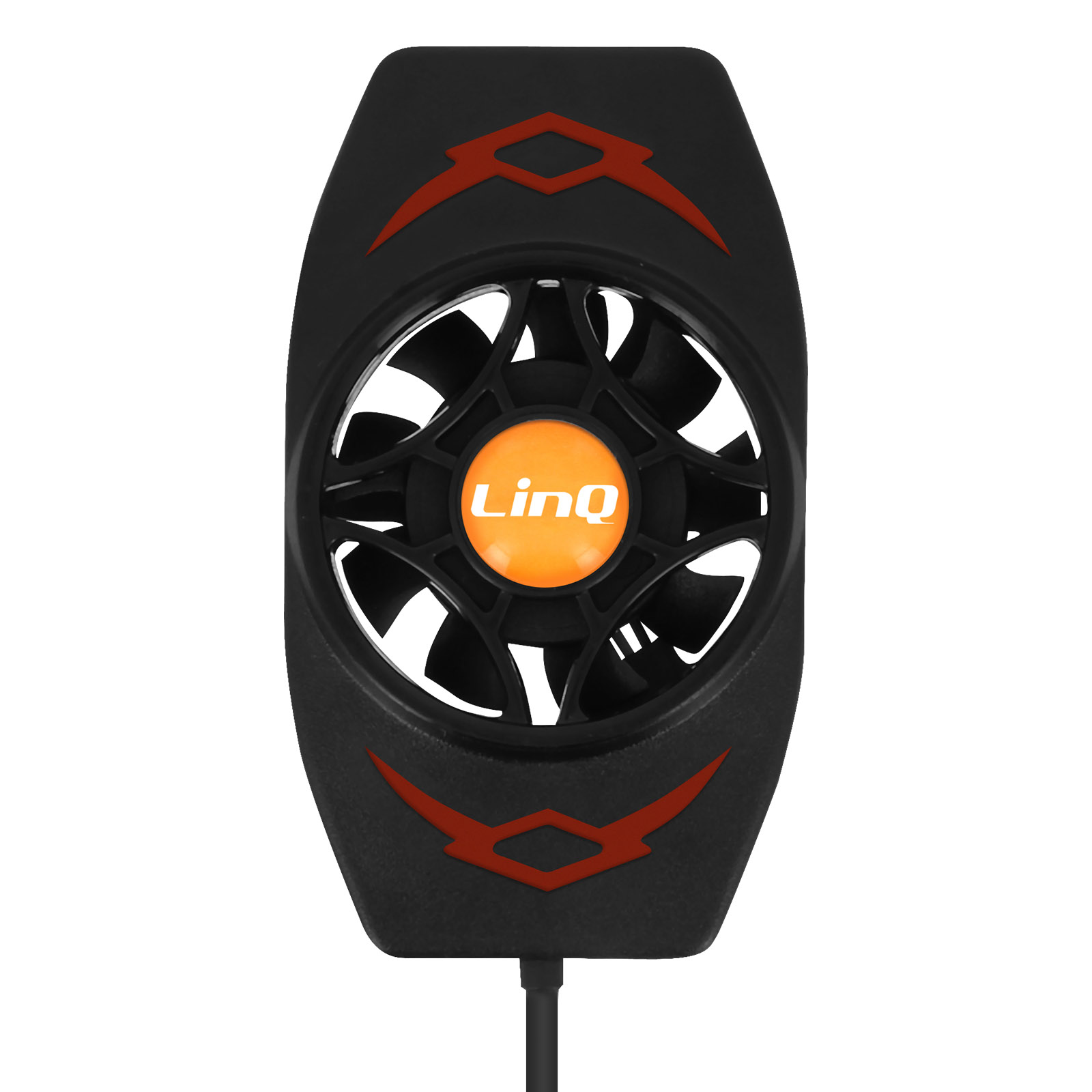 Una ventola nera con logo LinQ arancione e accenti rossi.