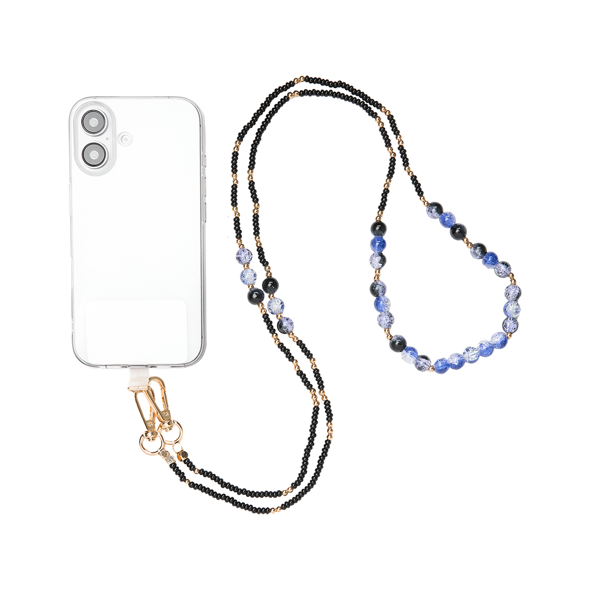 Una custodia trasparente per telefono con un cordino di perline nere, blu e dorate.