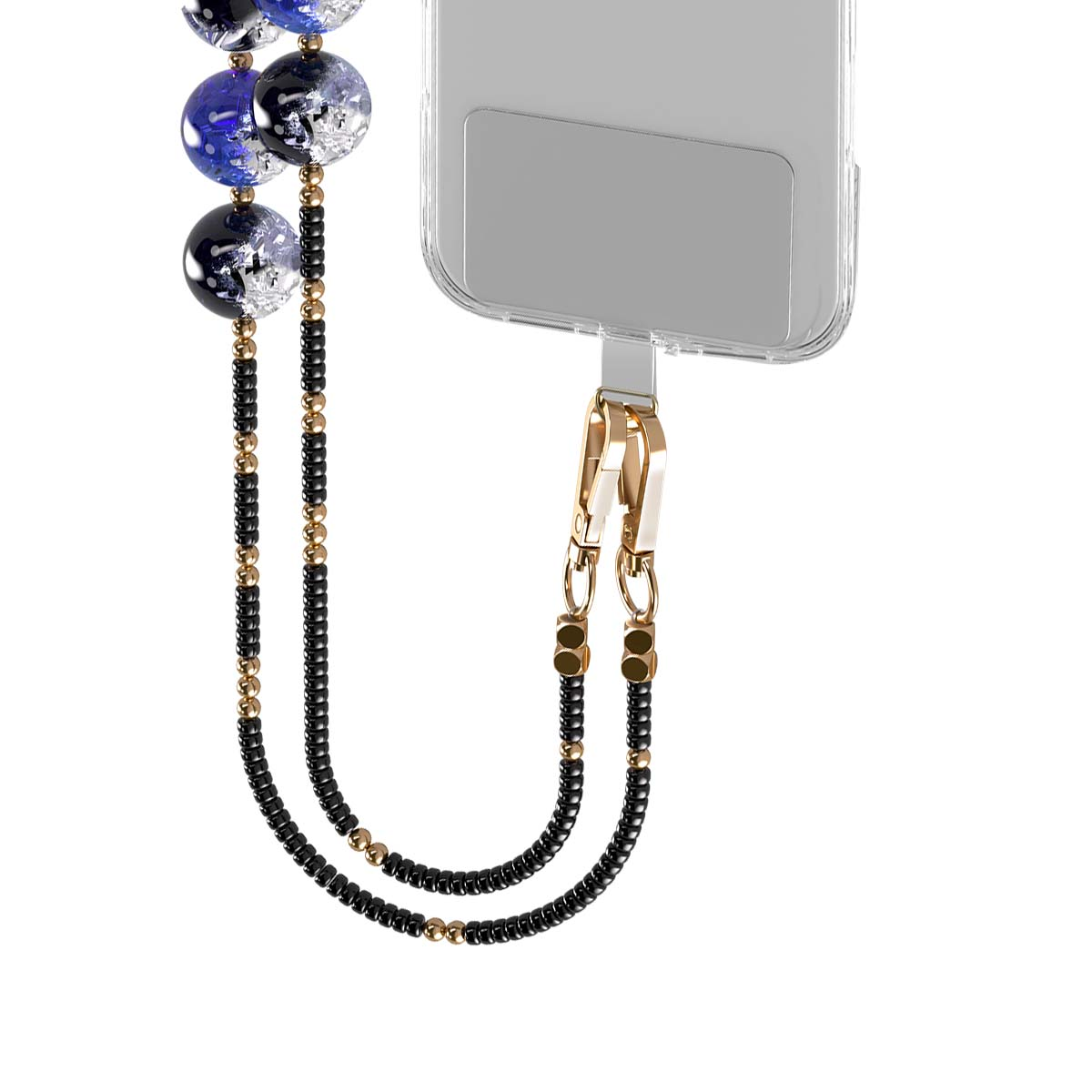 Una custodia per telefono con laccetto perline con perline blu, nere e dorate.