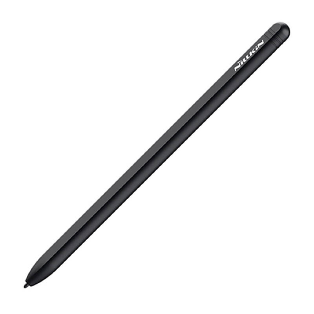Un elegante stilo nero con scritta bianca, su sfondo bianco.