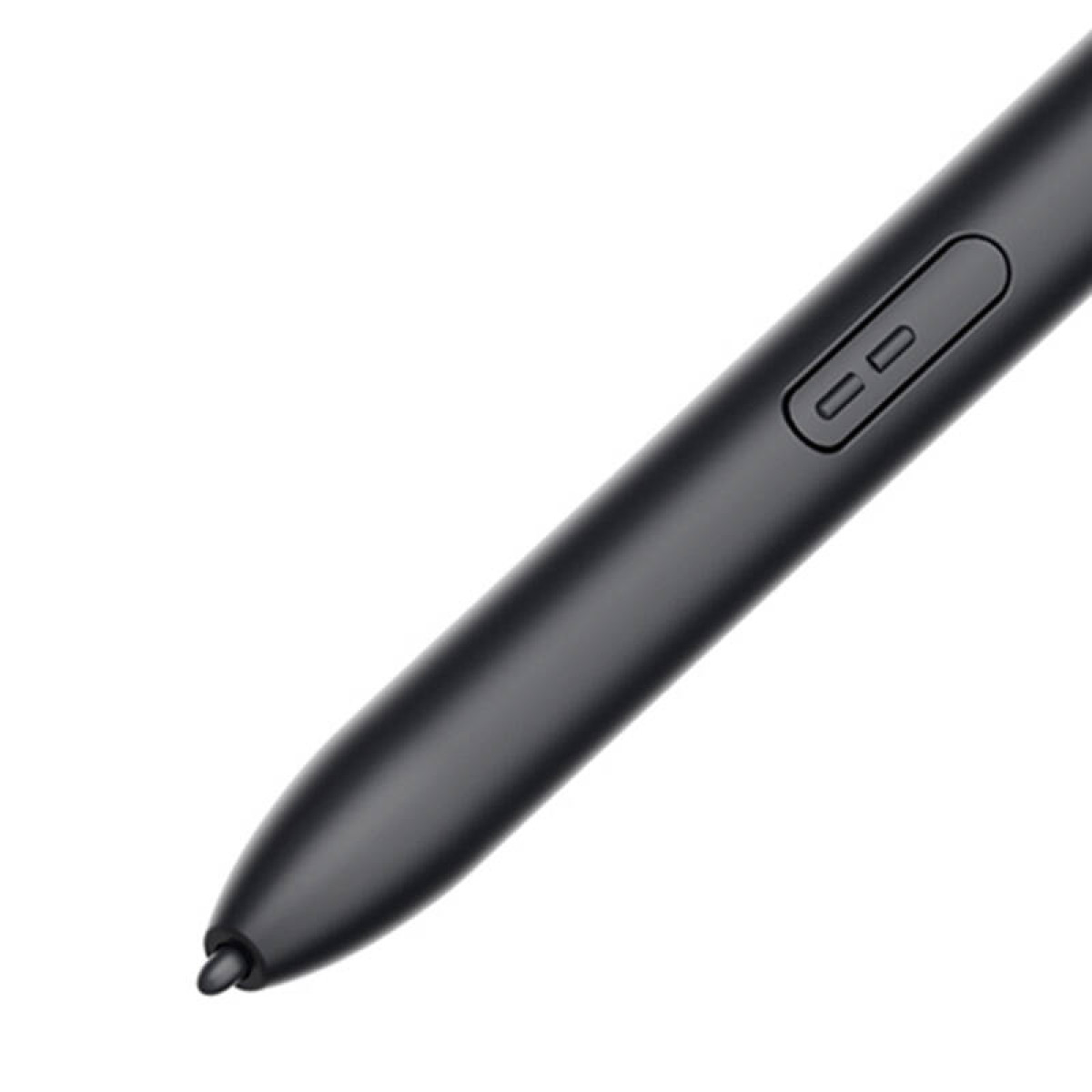 Una penna stilo nera con due pulsanti, su sfondo bianco.