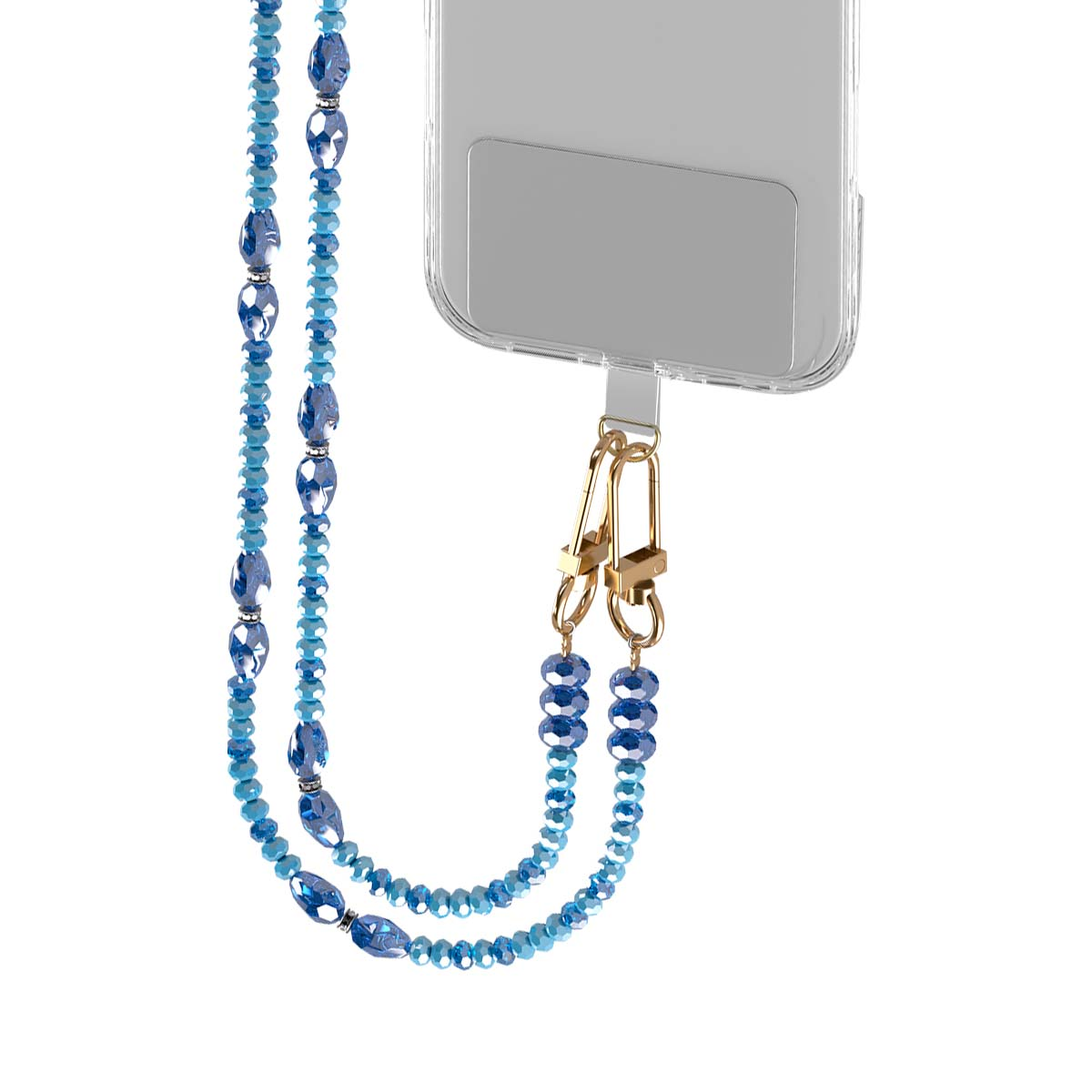 Un cordino blu con perline e chiusure dorate attaccato a una custodia per telefono.