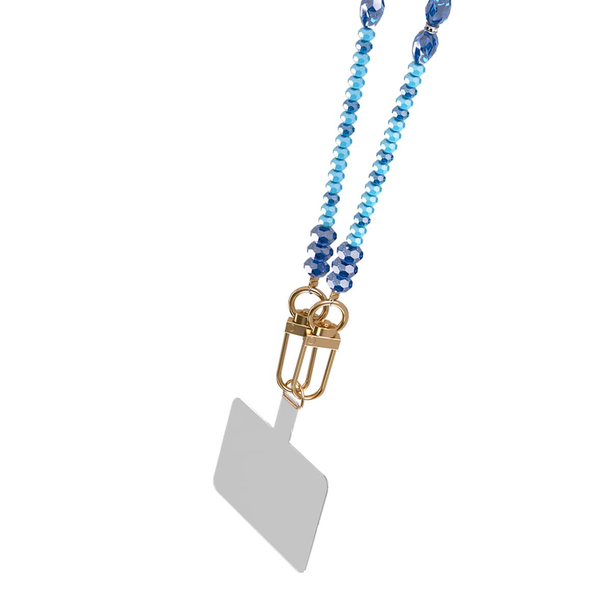 Un cordino blu perlato con ciondolo argentato.