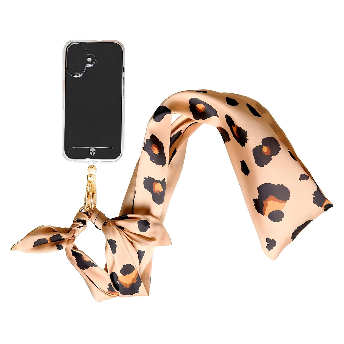 Una custodia trasparente per telefono con una sciarpa leopardata attaccata.