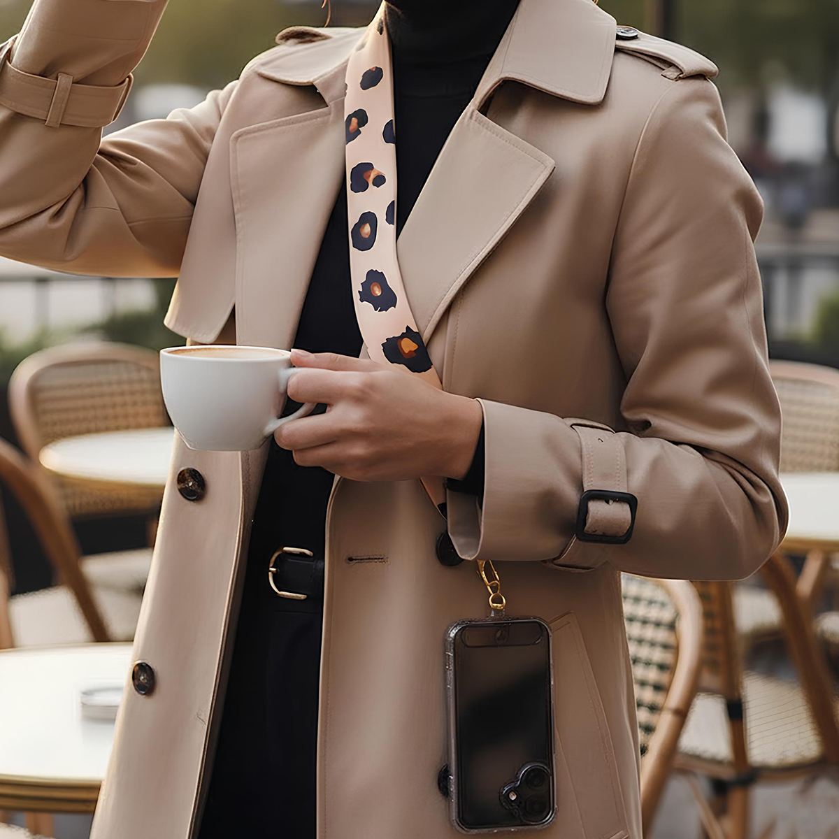 Una persona in trench beige tiene una tazza di caffè e una custodia per telefono con stampa leopardata.