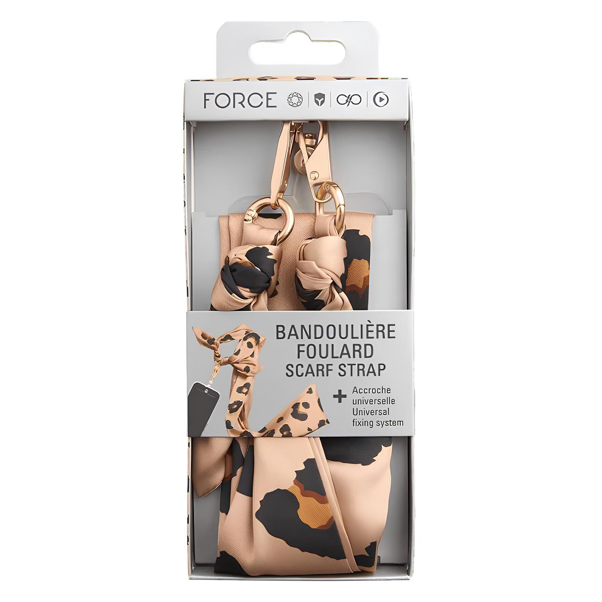 Confezione con tracolla a foulard animalier beige e hardware dorato.