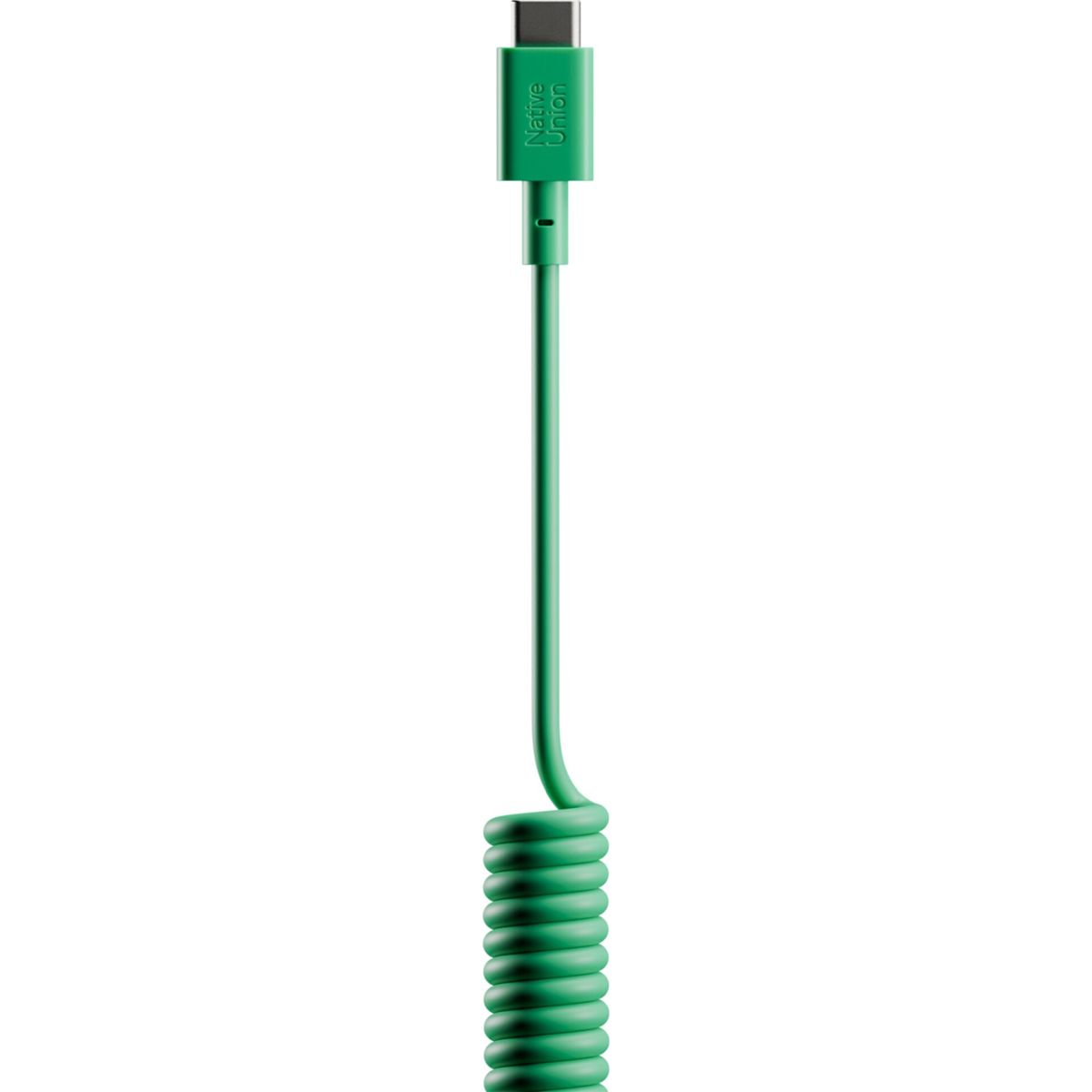 Cavo USB-C verde con cavo a spirale e connettore nero.