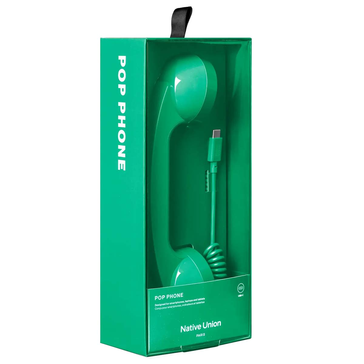 Accessorio auricolare retrò verde in confezione con cavo USB-C.