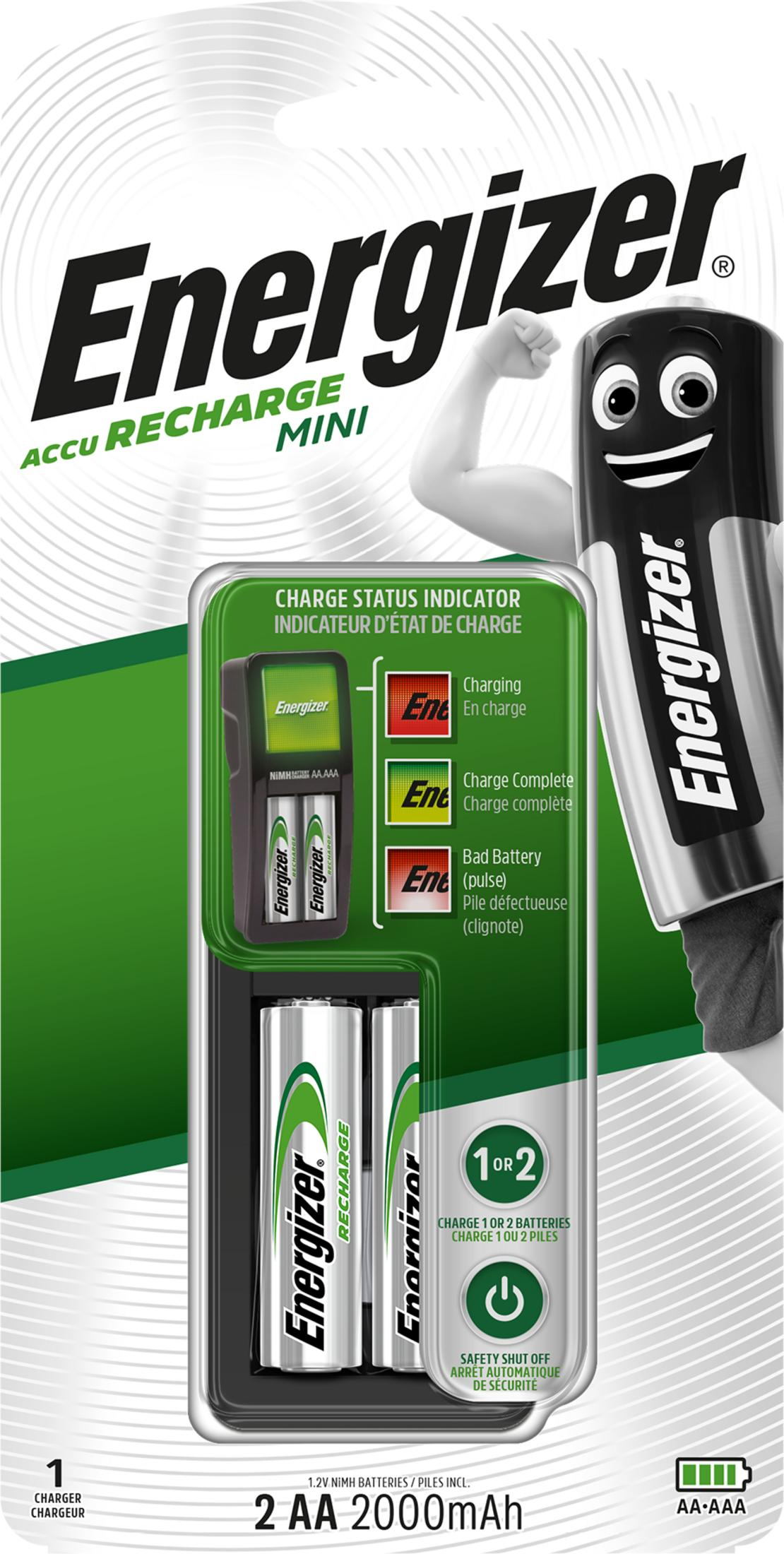 Caricabatterie Energizer AA con 2 batterie AA da 2000mAh e indicatore di carica.