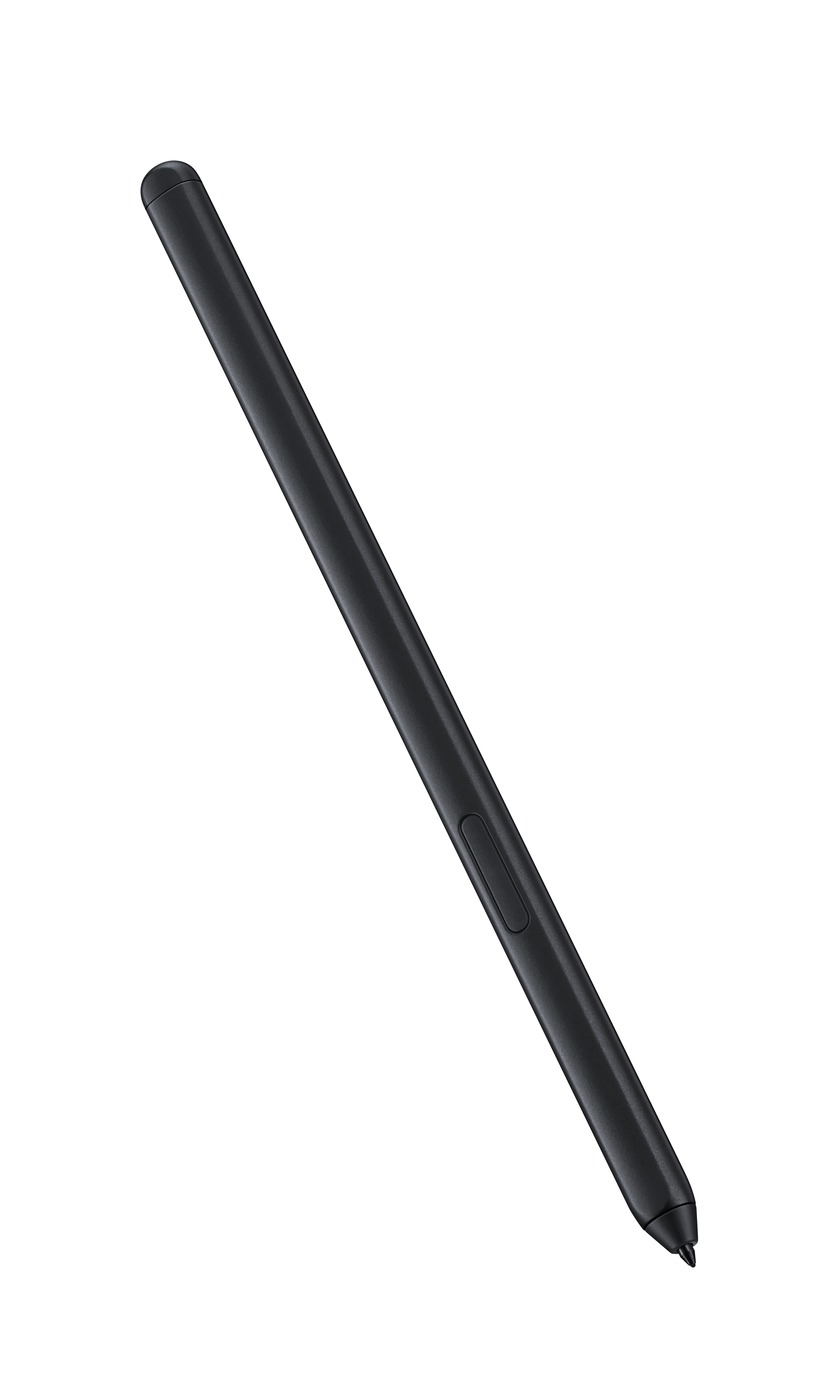 Una penna stilo nera con un pulsante, su sfondo bianco.