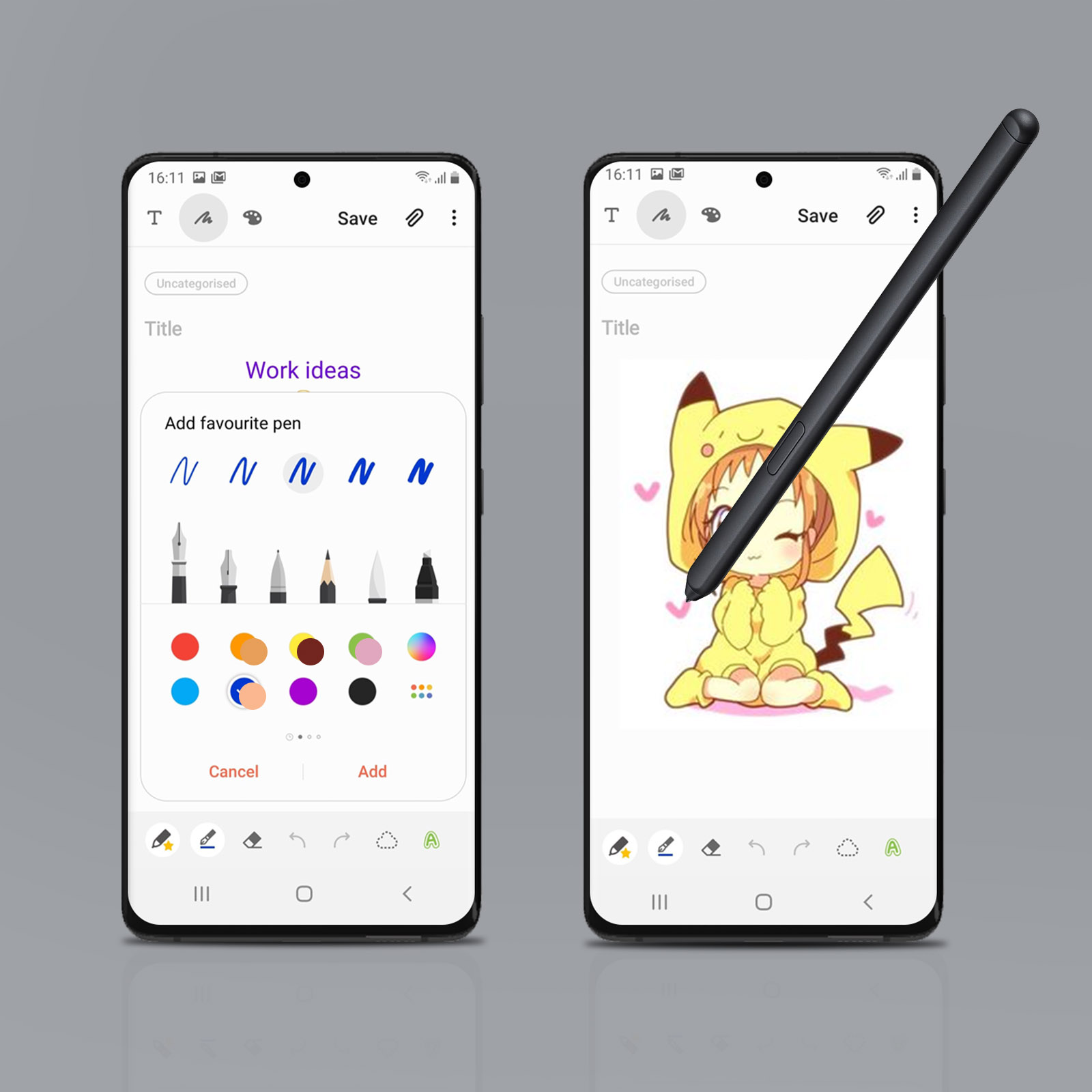 Due smartphone mostrano app per appunti. Sinistra: nota vuota, destra: disegno.