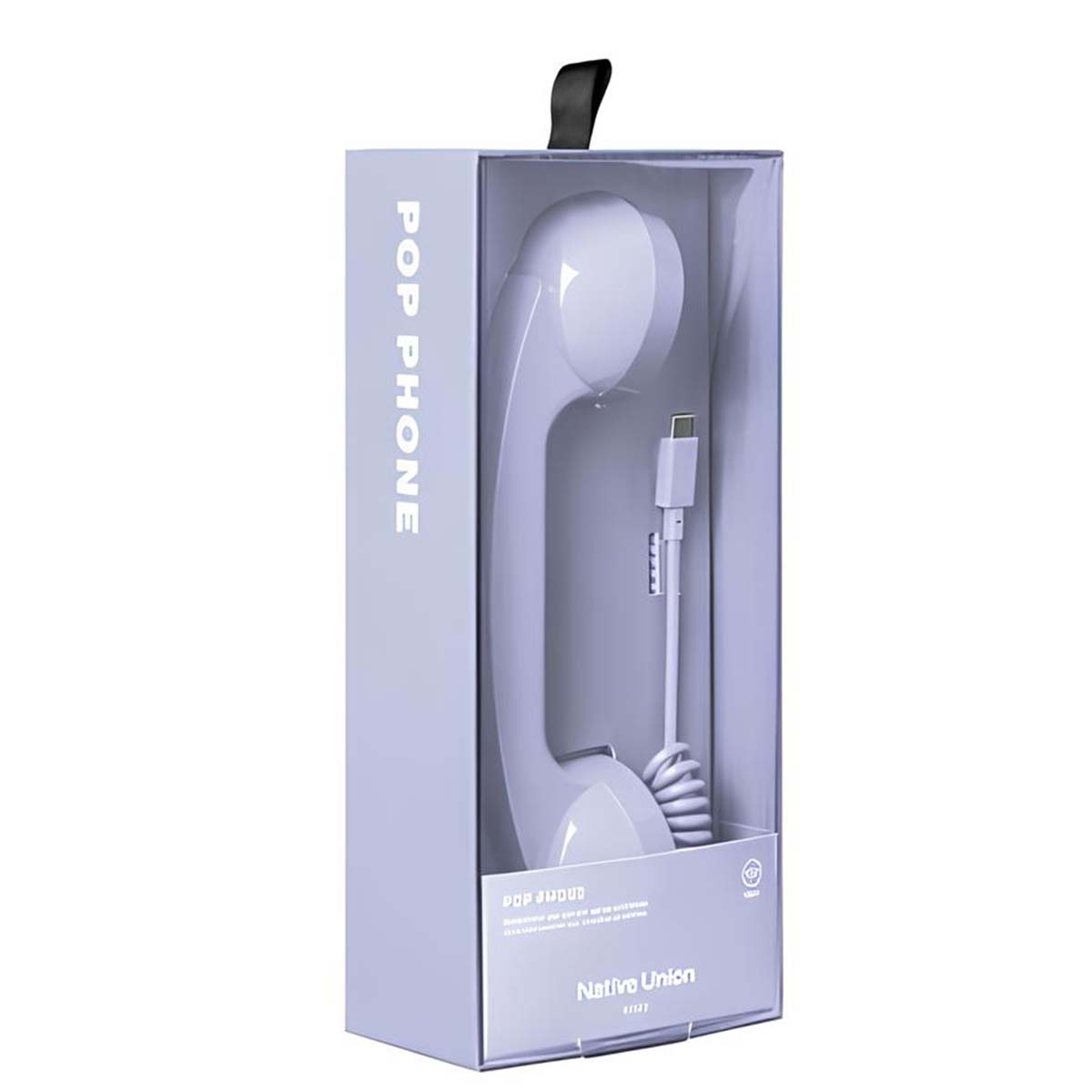 Un auricolare "Pop Phone" viola con connettore USB, nella sua confezione trasparente.
