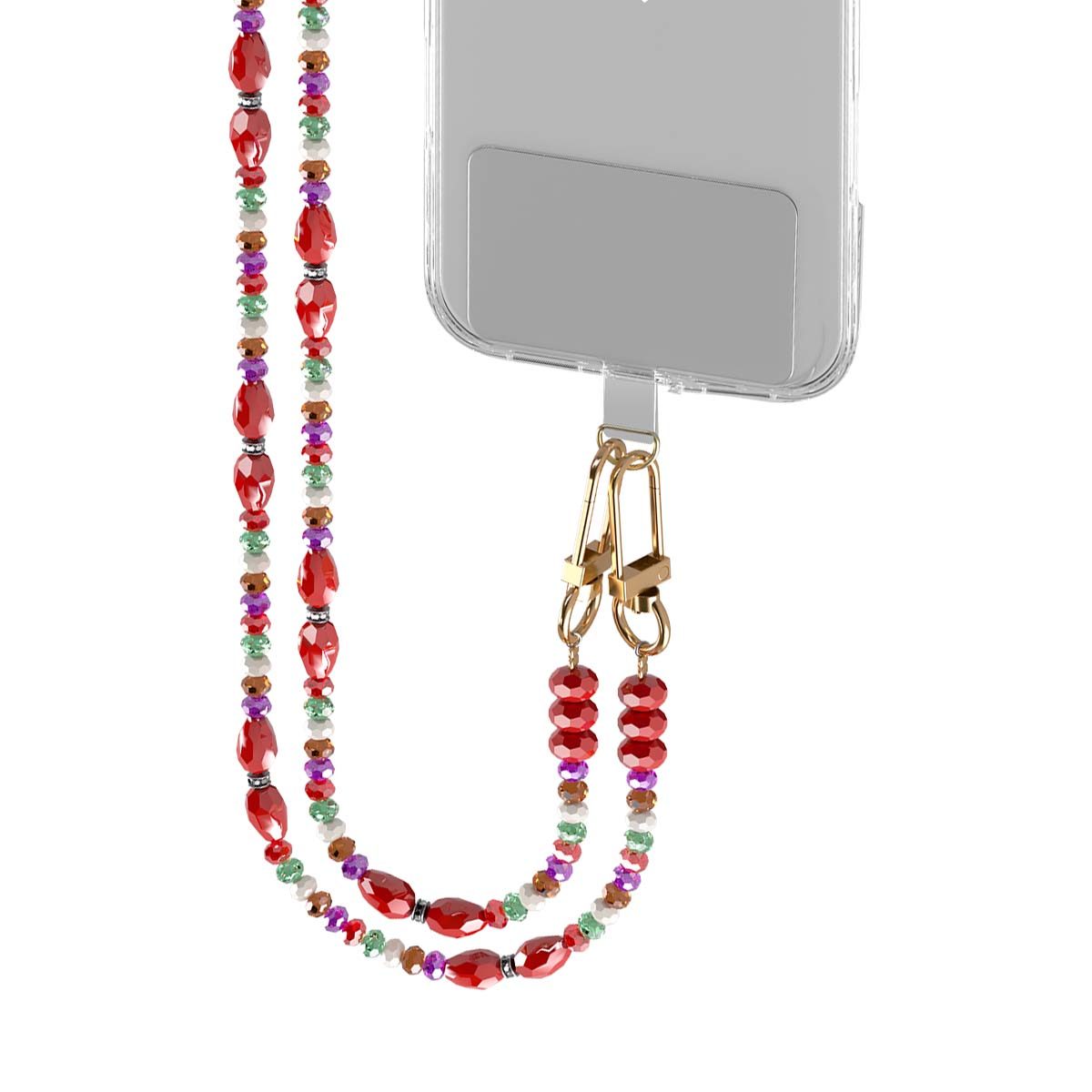 Laccetto perle colorate con perle rosse e viola attaccato a una custodia trasparente per telefono.