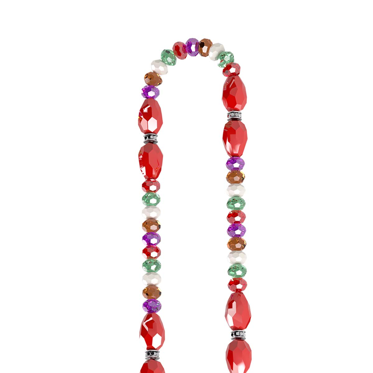 Una collana di perline colorate: rosse, verdi, viola, bianche e marroni.