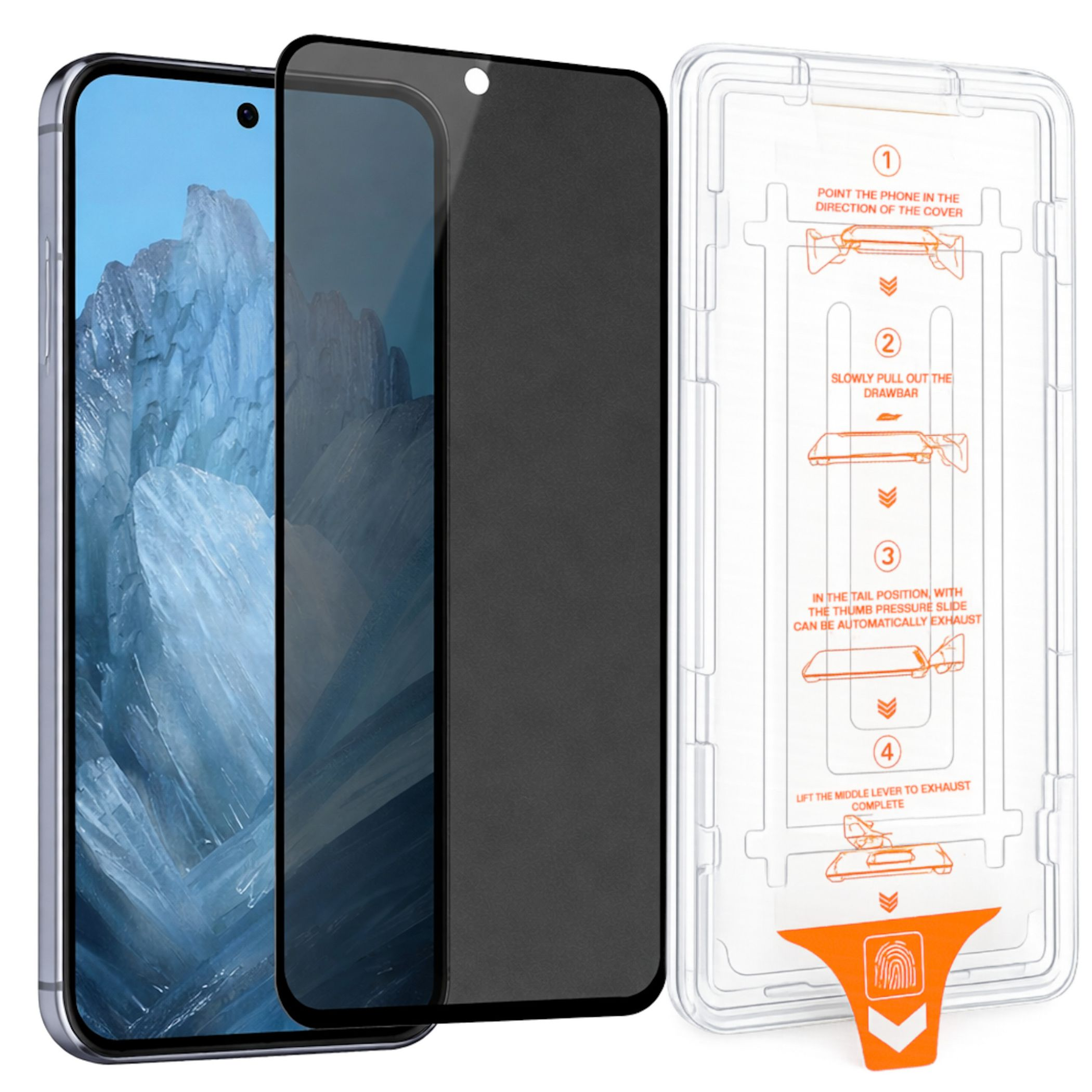 Ein Smartphone mit einem Displayschutz und einer klaren Hülle mit Anleitungen.