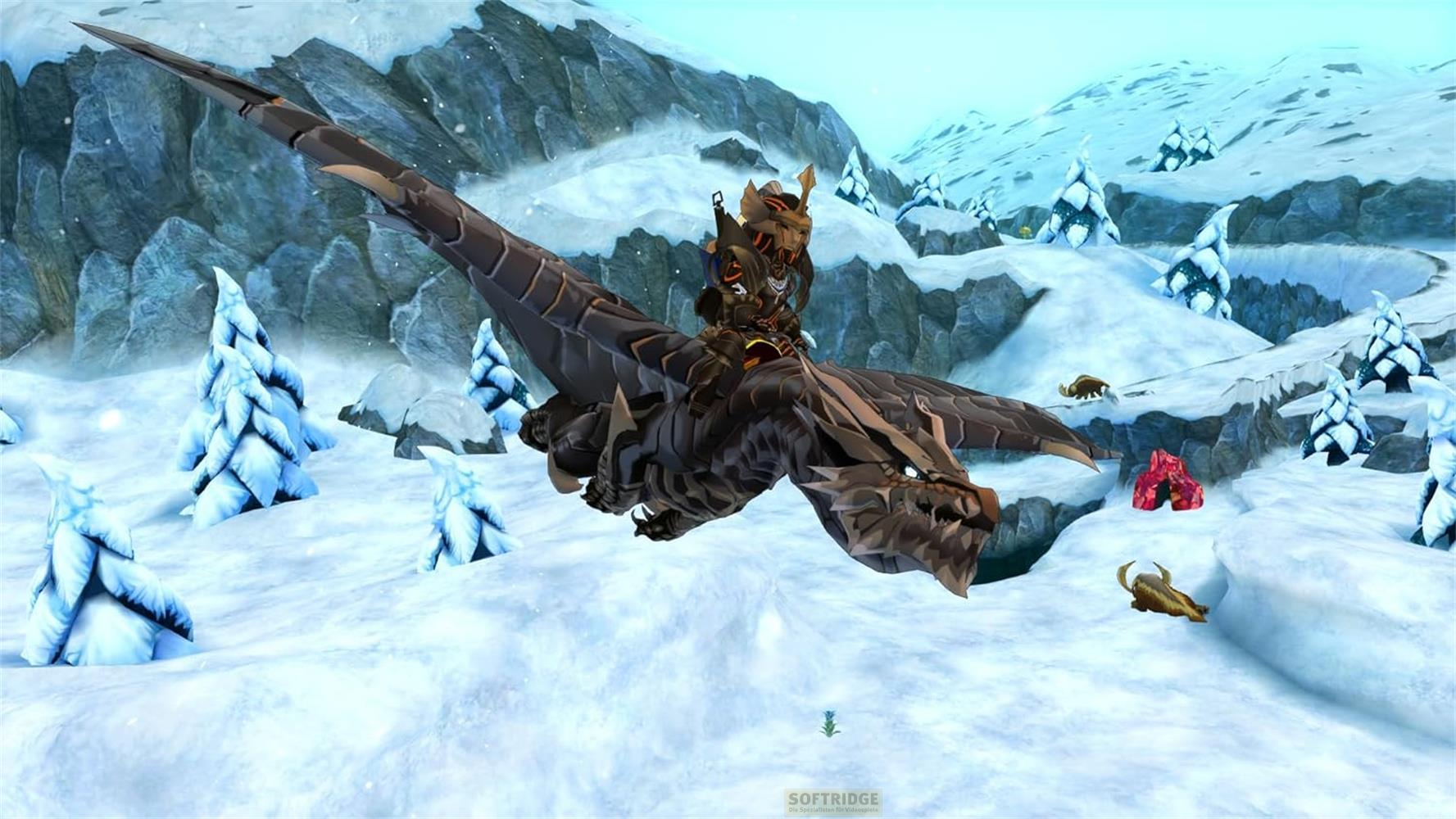Ein Reiter auf einem dunklen Drachen fliegt über eine verschneite Berglandschaft mit Tannenbäumen.