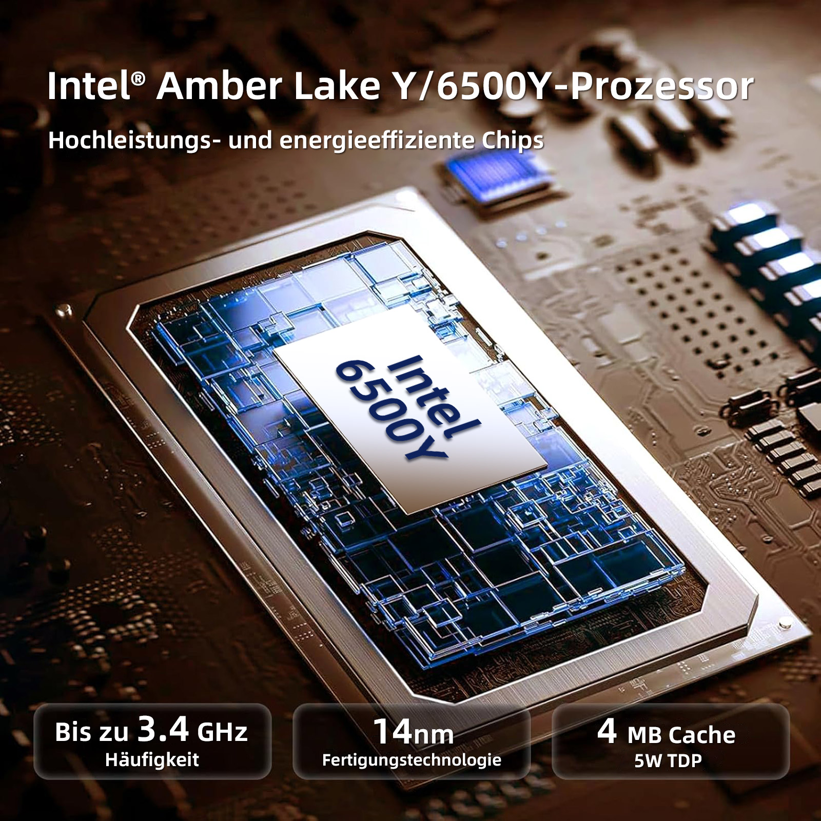 Intel 6500Y Prozessor auf einer Platine mit Spezifikationen wie 3.4 GHz, 14nm und 4MB Cache.