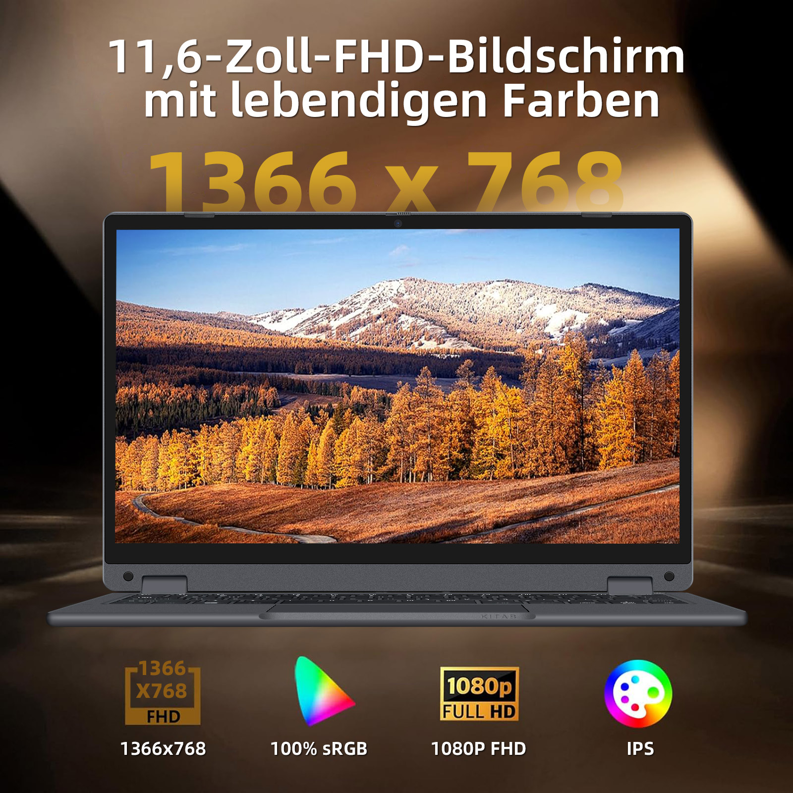 Ein Laptop mit 11,6-Zoll-FHD-Bildschirm, der eine Landschaft zeigt.
