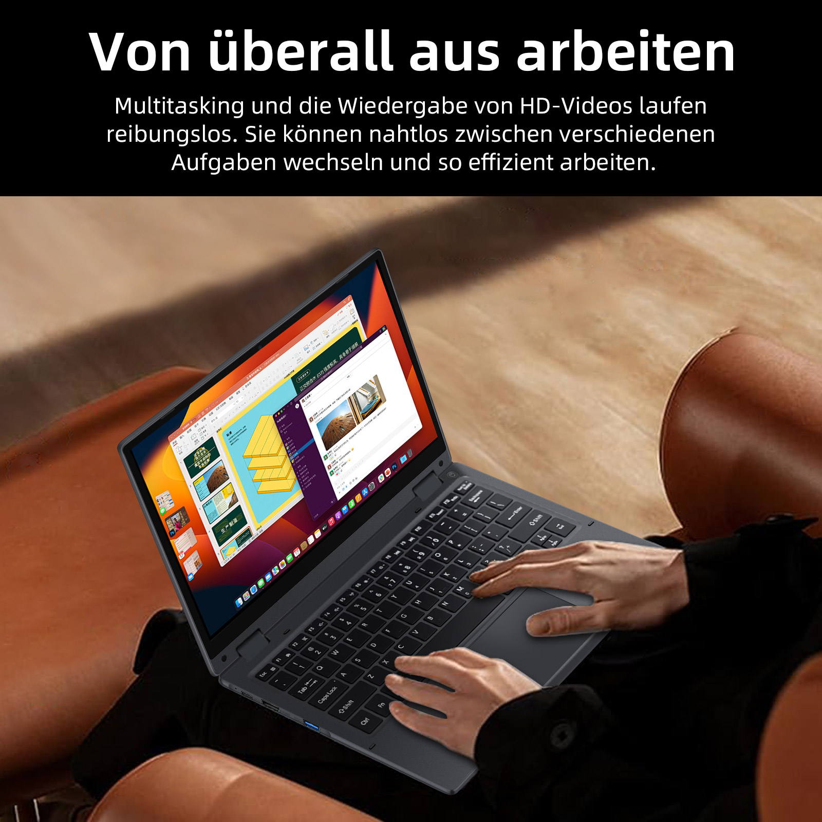 Eine Person tippt auf einem geöffneten Laptop, der auf dem Schoß liegt. Mehrere Fenster sind geöffnet.