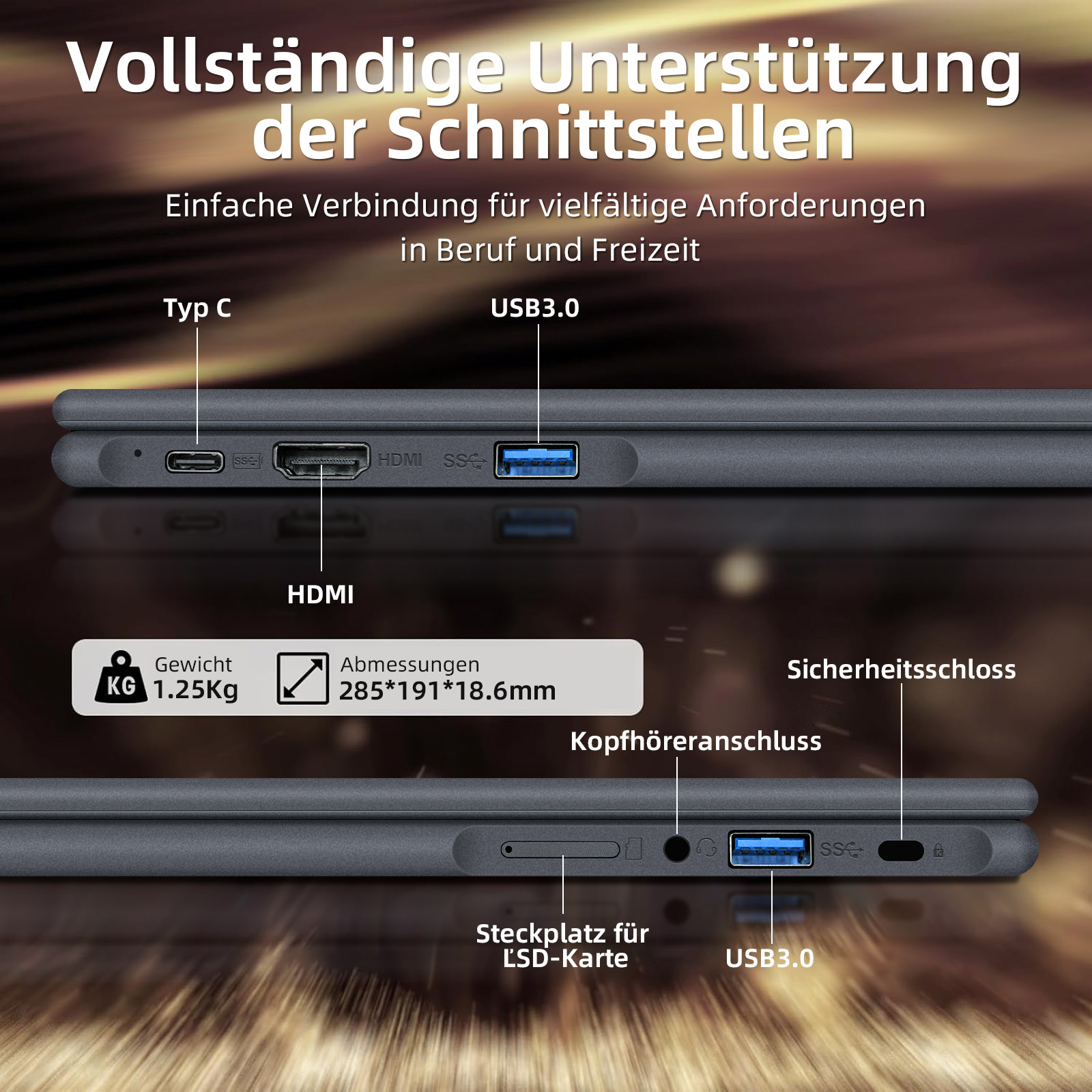 Ein Laptop mit Anschlüssen: USB-C, HDMI, USB 3.0, Kopfhöreranschluss.