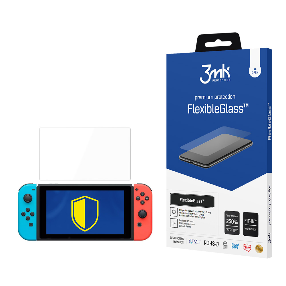 Nintendo Switch con pellicola protettiva e confezione. Controller blu e rossi.