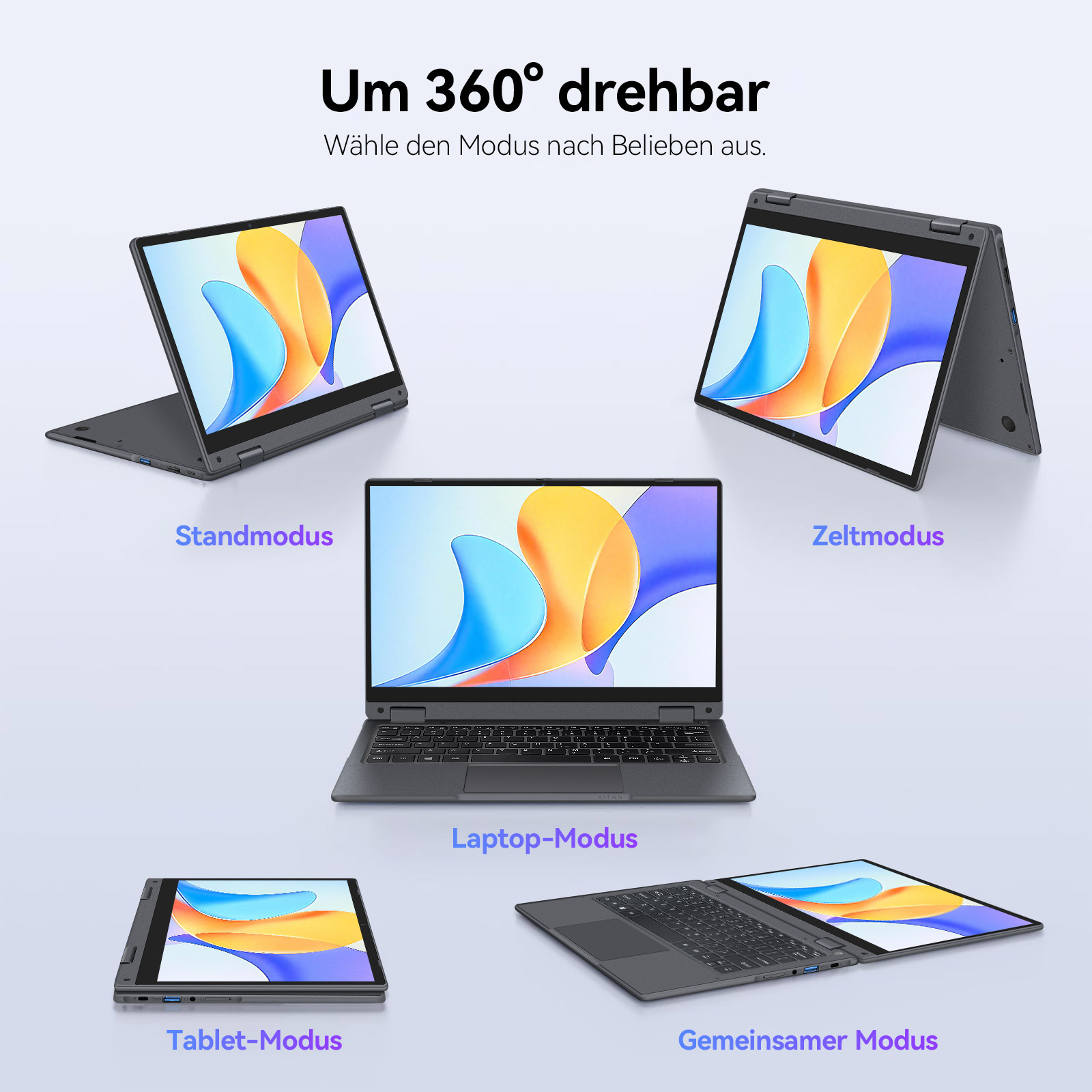 Ein dunkelgraues 360-Grad-Cabrio-Laptop in verschiedenen Modi.