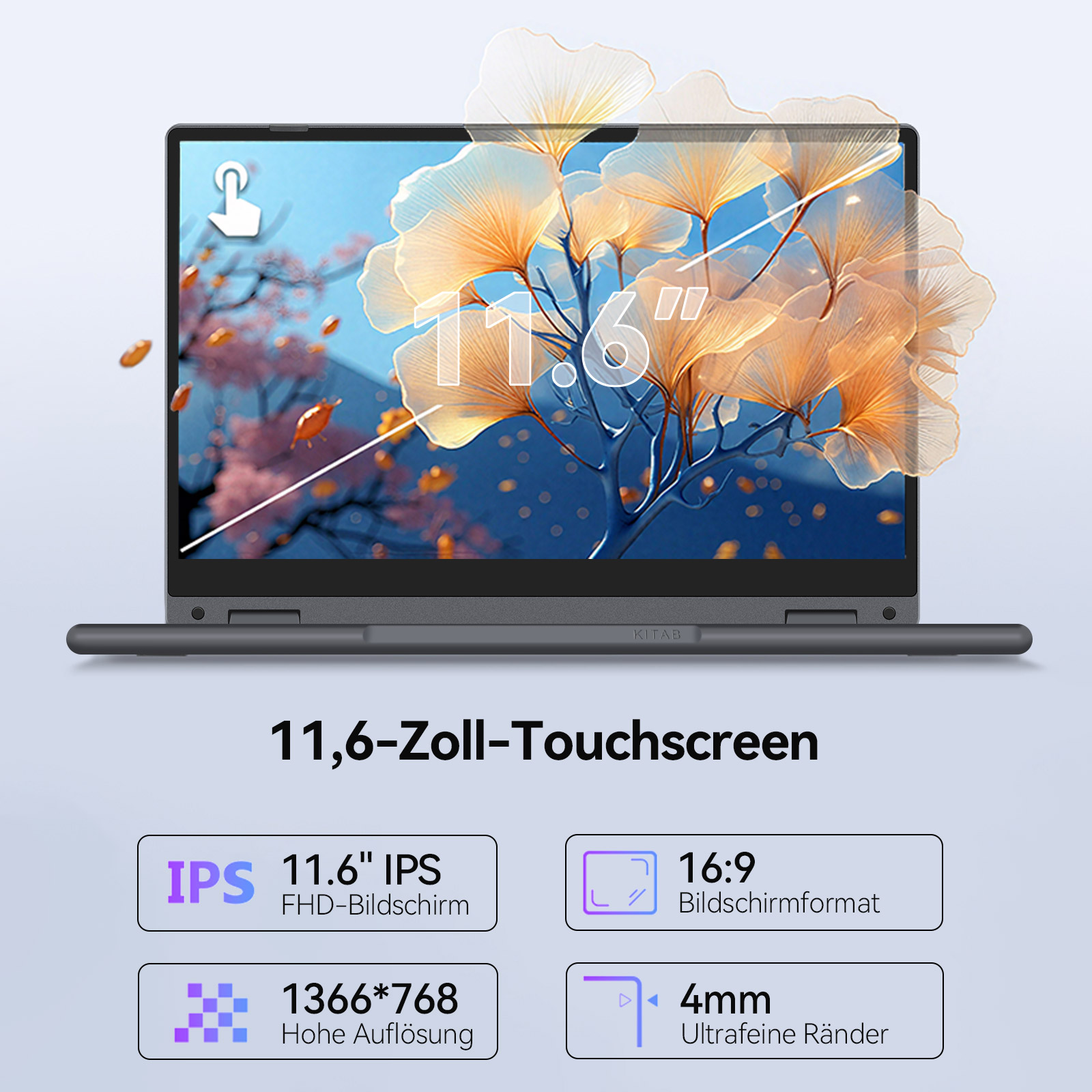 Ein Laptop mit 11,6-Zoll-Touchscreen und einem Hintergrundbild mit Ginkoblättern.