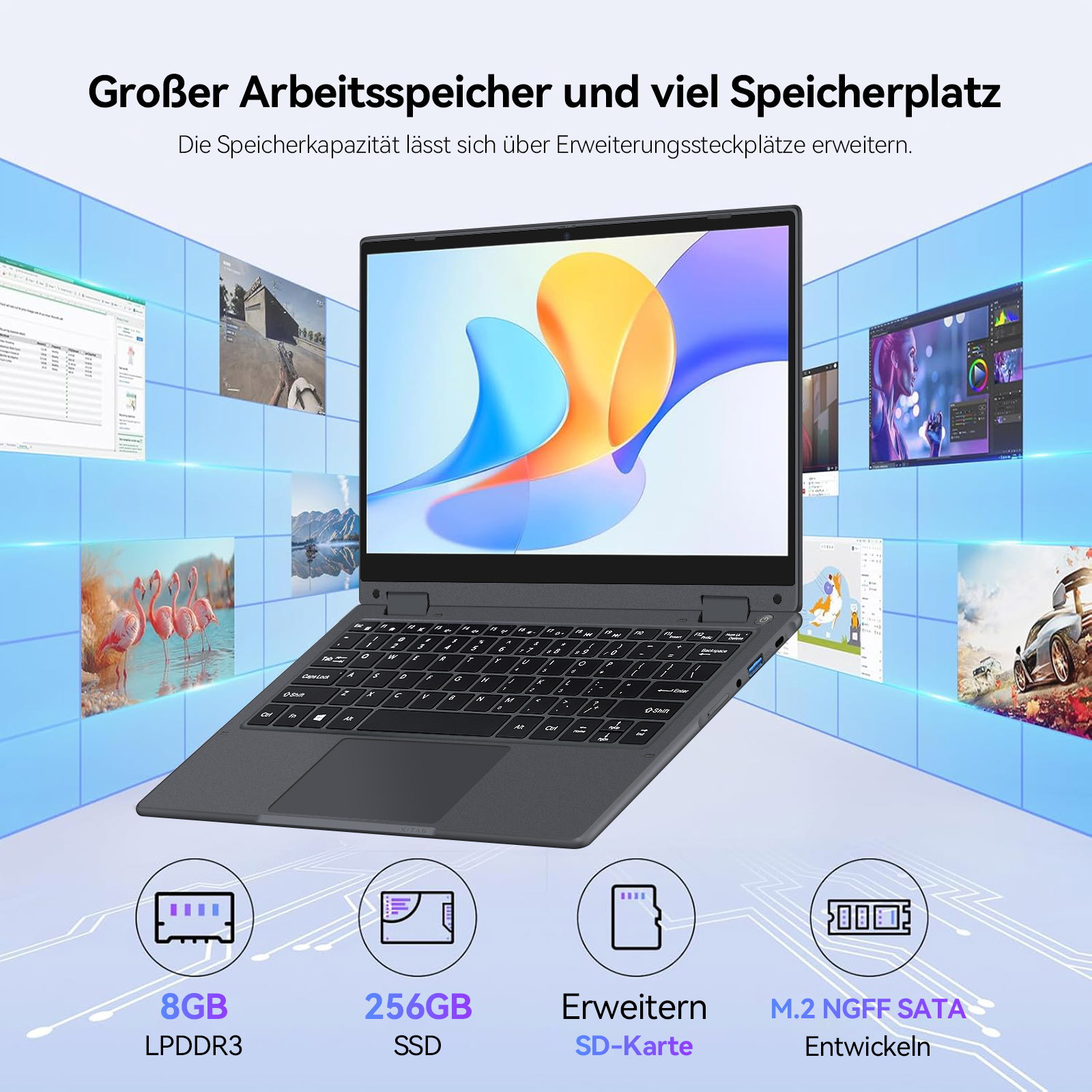 Ein Laptop mit großem Bildschirm zeigt eine abstrakte Grafik. Icons zeigen 8GB RAM, 256GB SSD, SD-Karte.