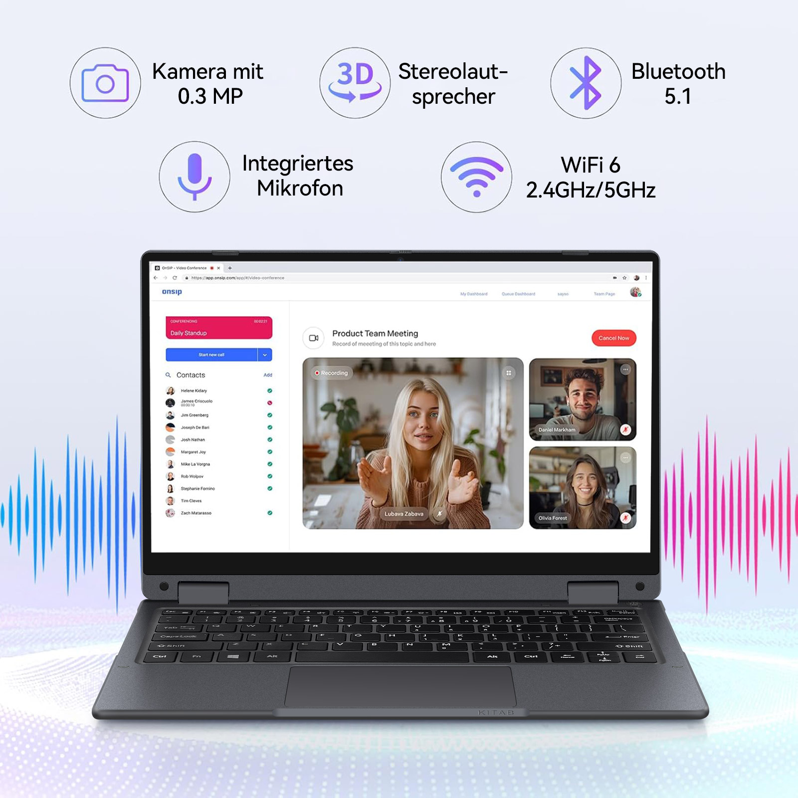 Laptop zeigt eine Videokonferenz mit Kamera, Mikrofon, Lautsprechern, Bluetooth und WLAN.