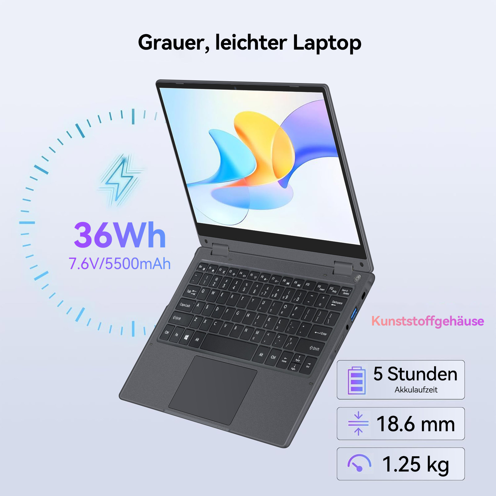 Grauer leichter Laptop mit 36Wh Akku, 18.6mm Dicke und 1.25kg Gewicht.