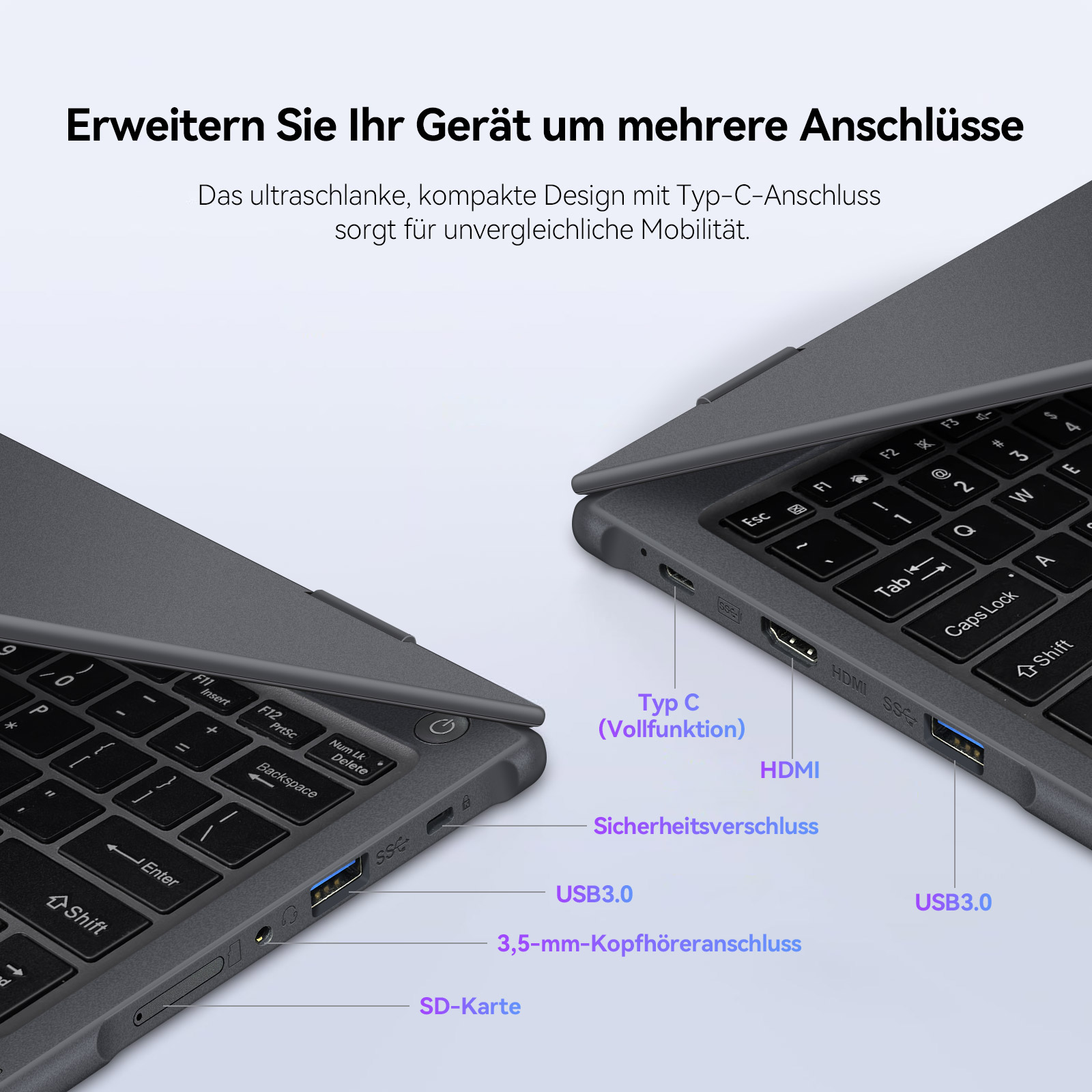 Grauer Laptop mit Tastatur und Anschlüssen: USB-C, HDMI, SD-Karte.
