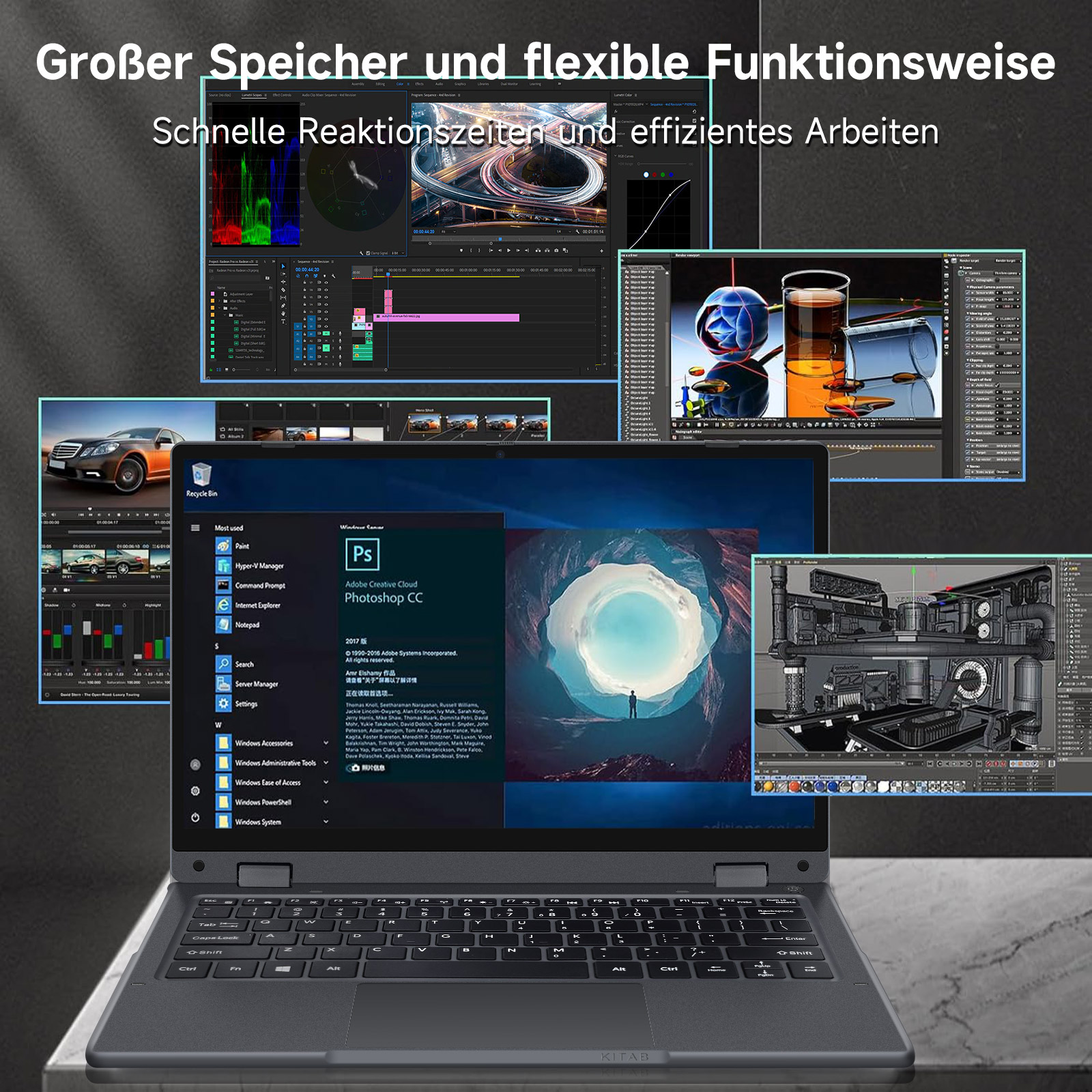 Ein Laptop zeigt mehrere Software-Anwendungen, darunter Videobearbeitung und 3D-Modellierung.