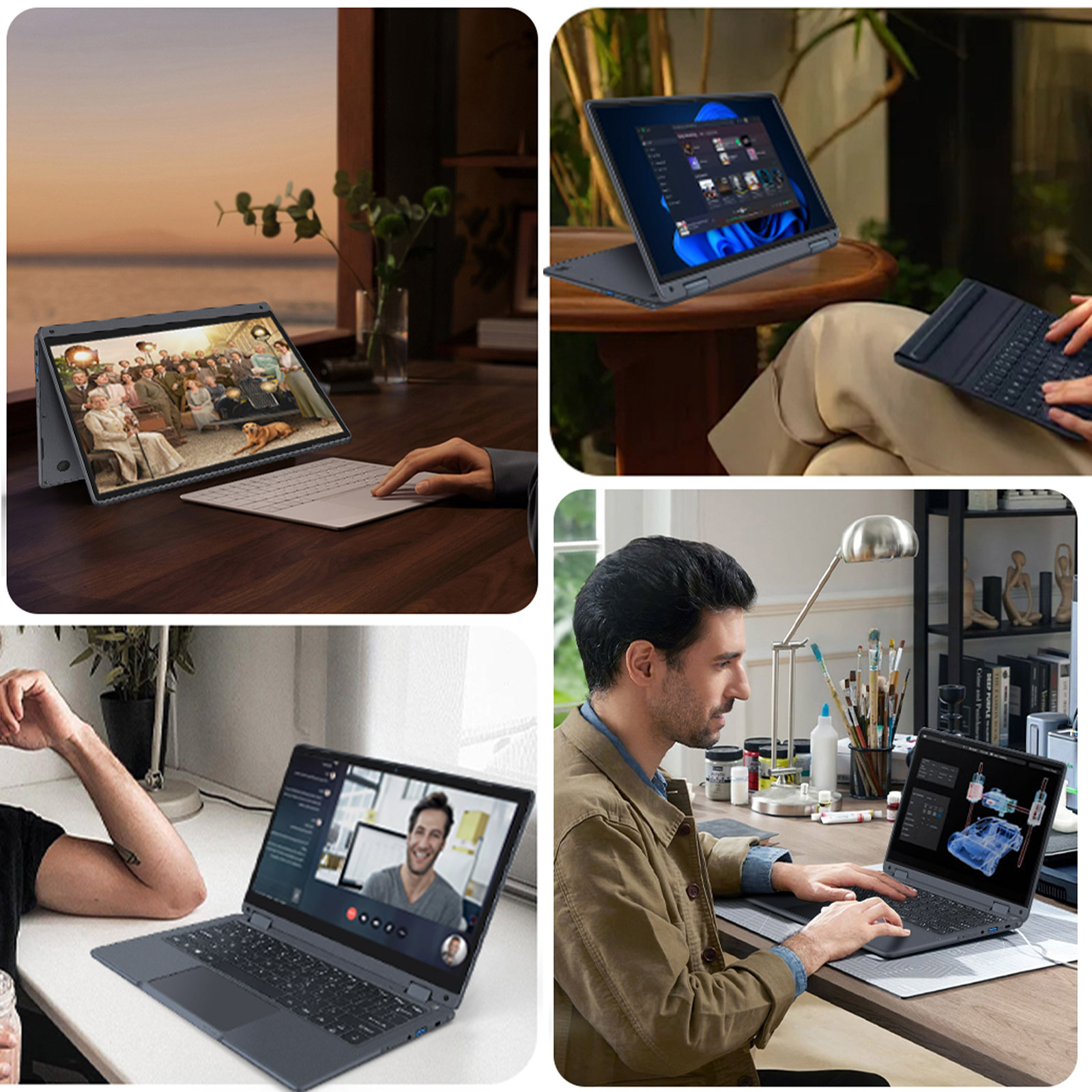 Vier Bildschirme zeigen Laptops: einer mit historischer Szene, einer mit Windows 11, ein Videoanruf, ein 3D-Modell.