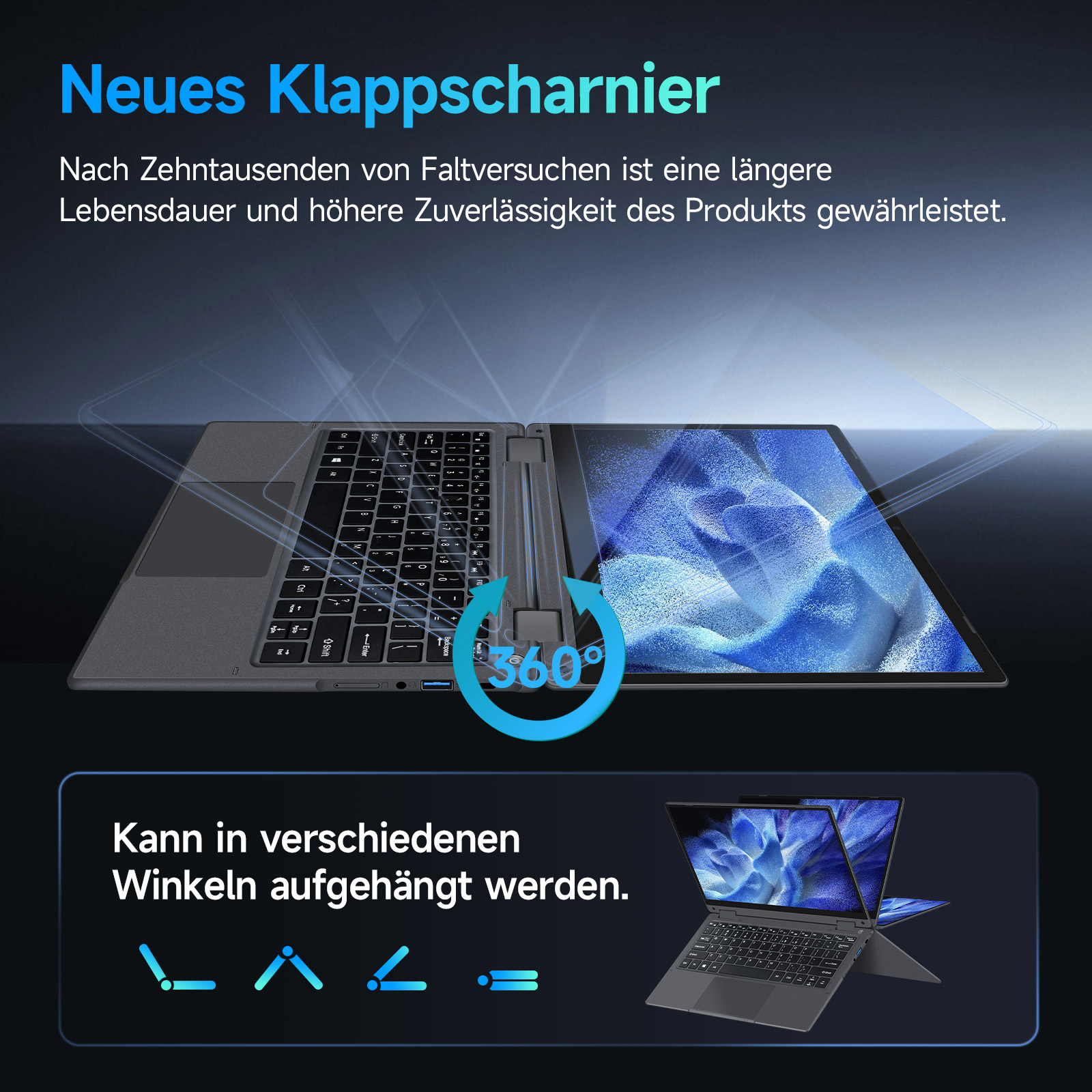 Ein graues Klapp-Laptop mit 360°-Scharnier und Tastatur ist abgebildet.