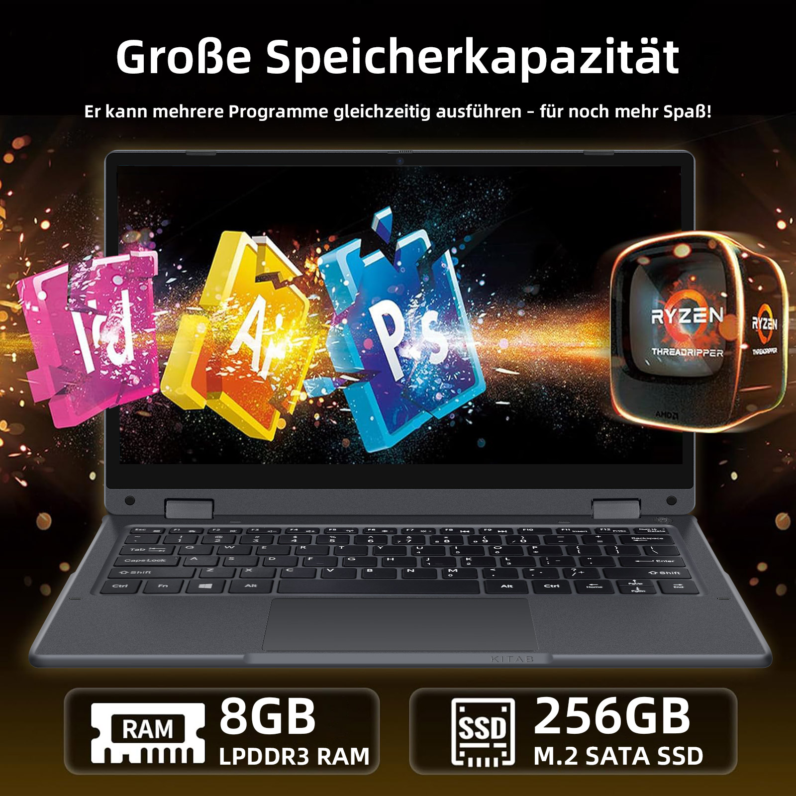 Laptop mit bunten App-Icons, Ryzen-Prozessor, 8 GB RAM und 256 GB SSD.