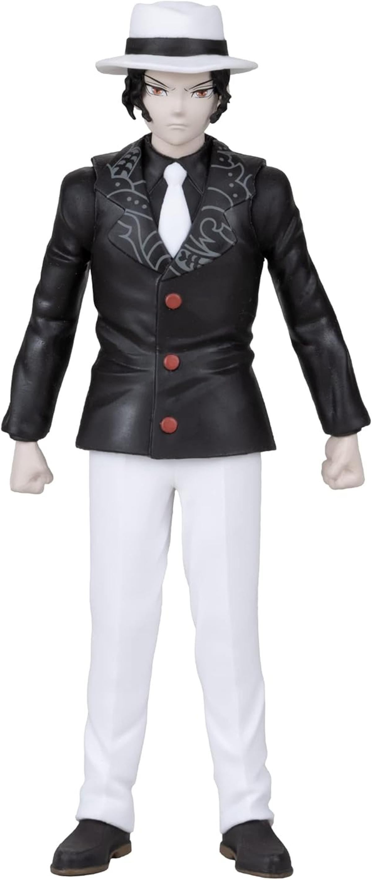 Eine Figur in einem schwarzen Anzug, weißem Hemd und weißem Hut.