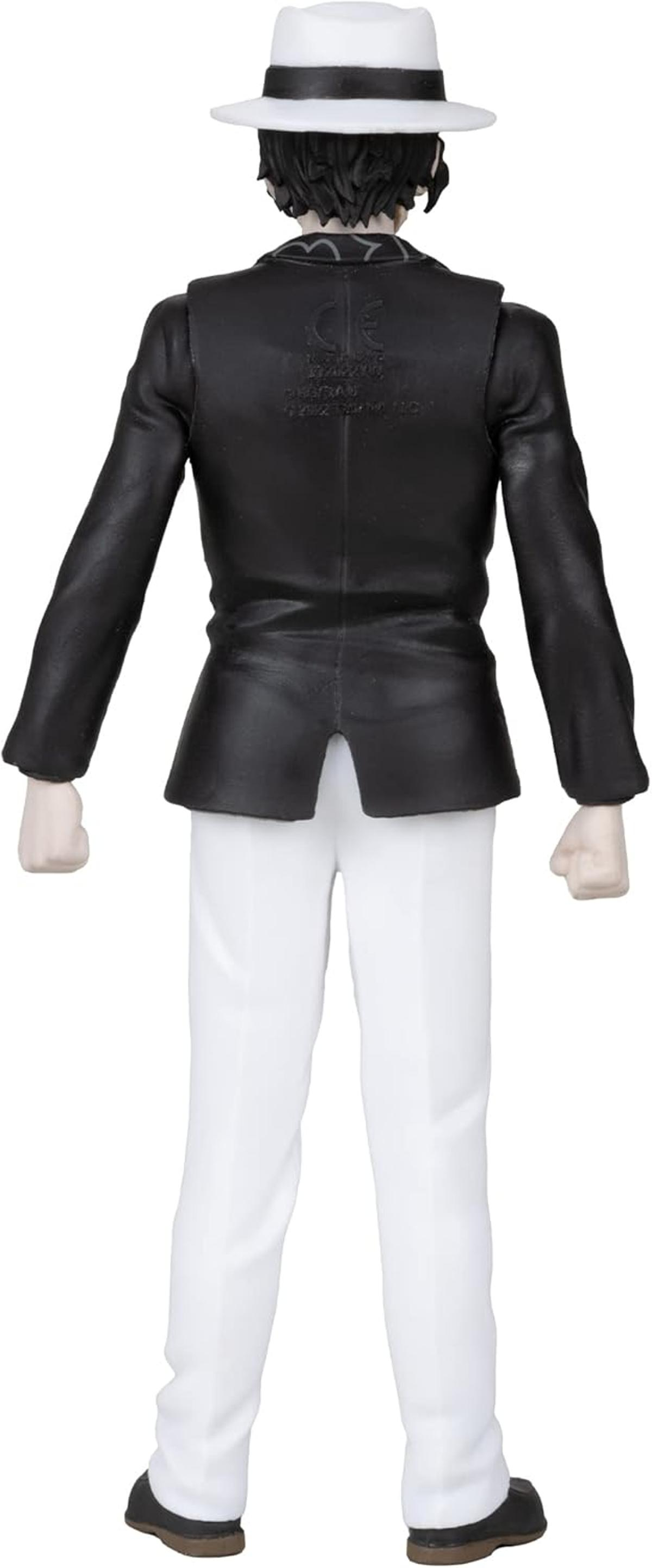 Eine Figur von hinten mit schwarzem Anzug, weißer Hose und weißem Hut.
