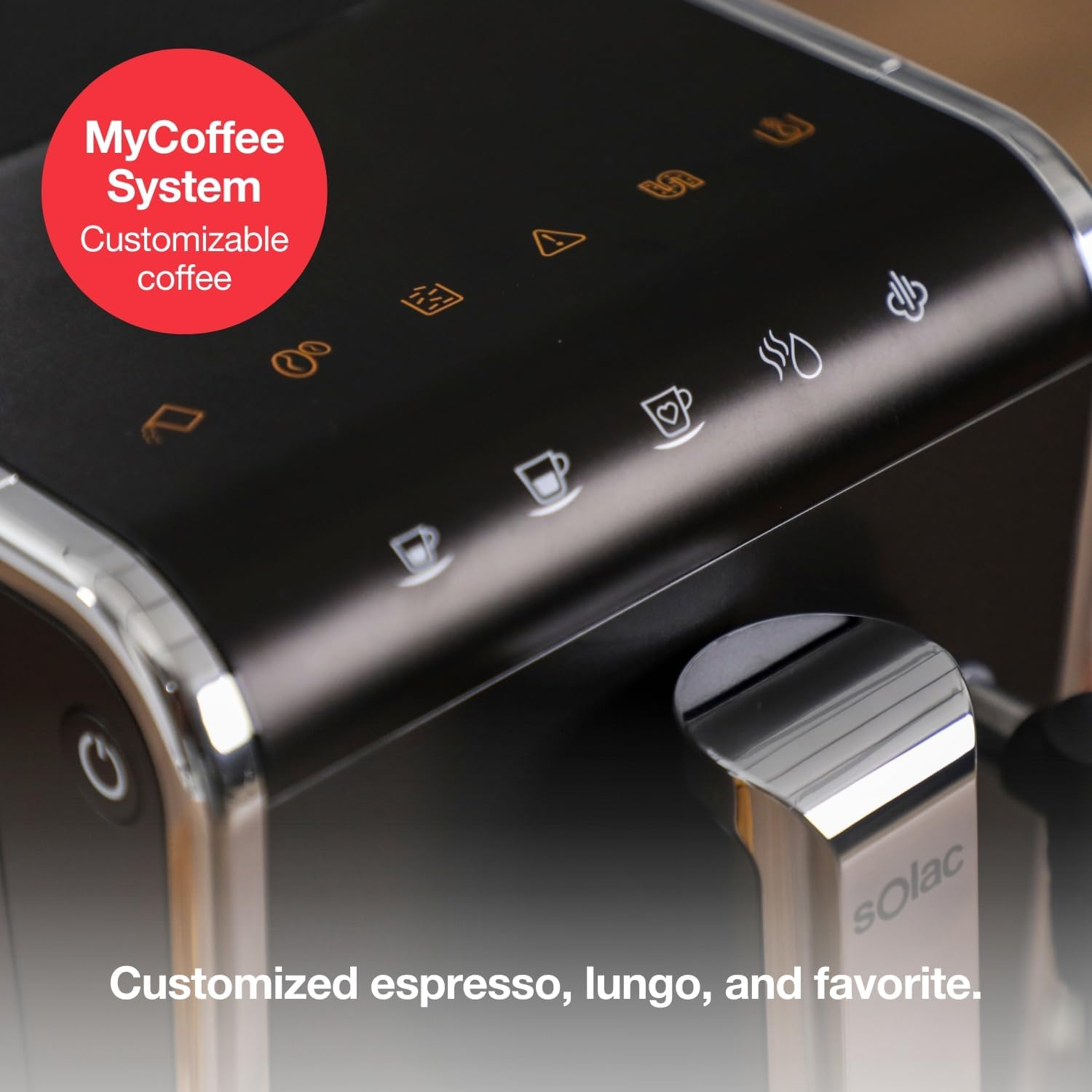 Cafetera negra con iconos iluminados y círculo rojo con texto.