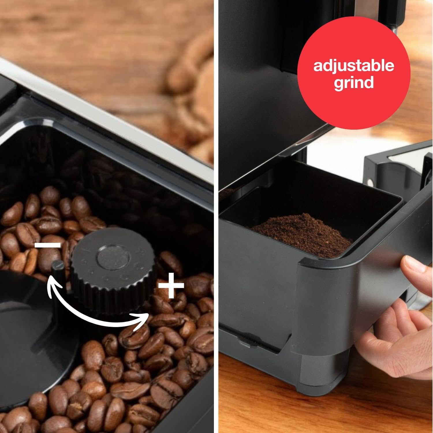 Granos de café y café molido en una cafetera con dial de ajuste.