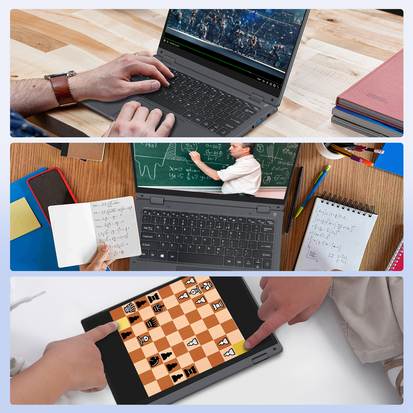 Hände tippen auf einem Laptop, der eine Lektion zeigt. Schachspiel auf einem Tablet.