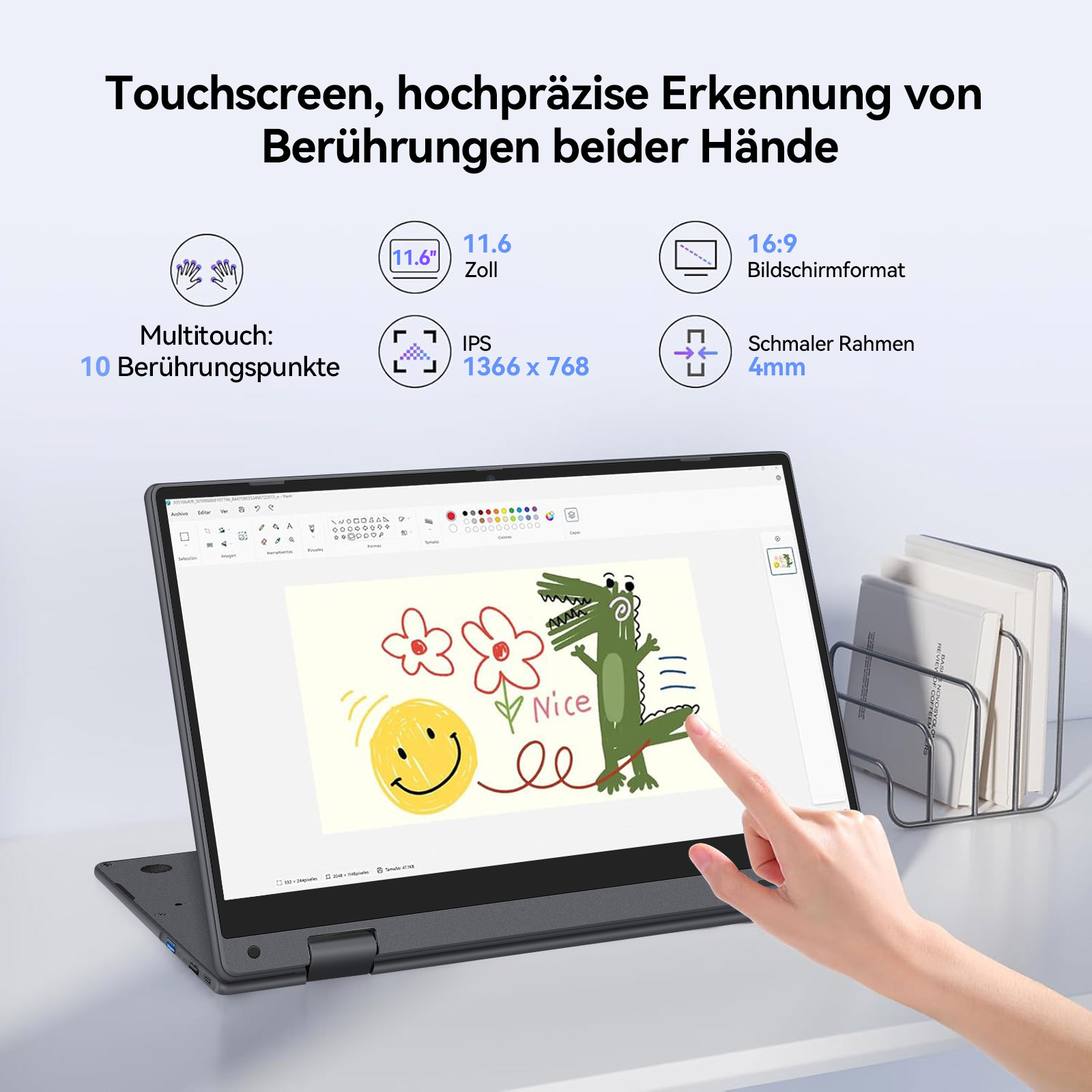 Ein Laptop mit Touchscreen zeigt eine bunte Zeichnung von einem Krokodil und einer Sonne. Ein Finger tippt auf den Bildschirm.