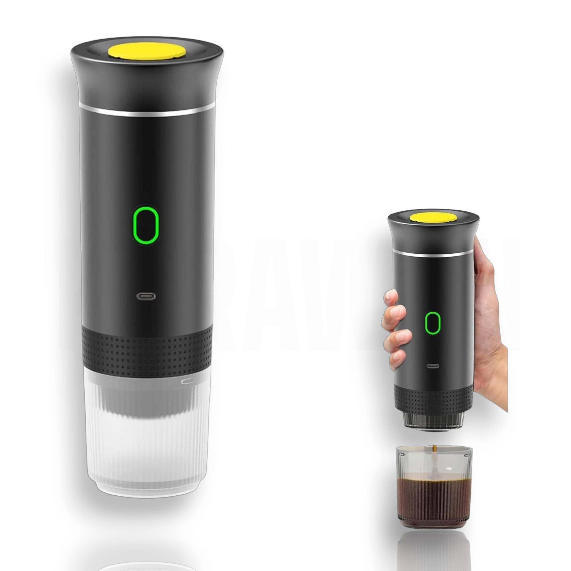 Cafetera negra con botón amarillo dispensando café en un vaso.
