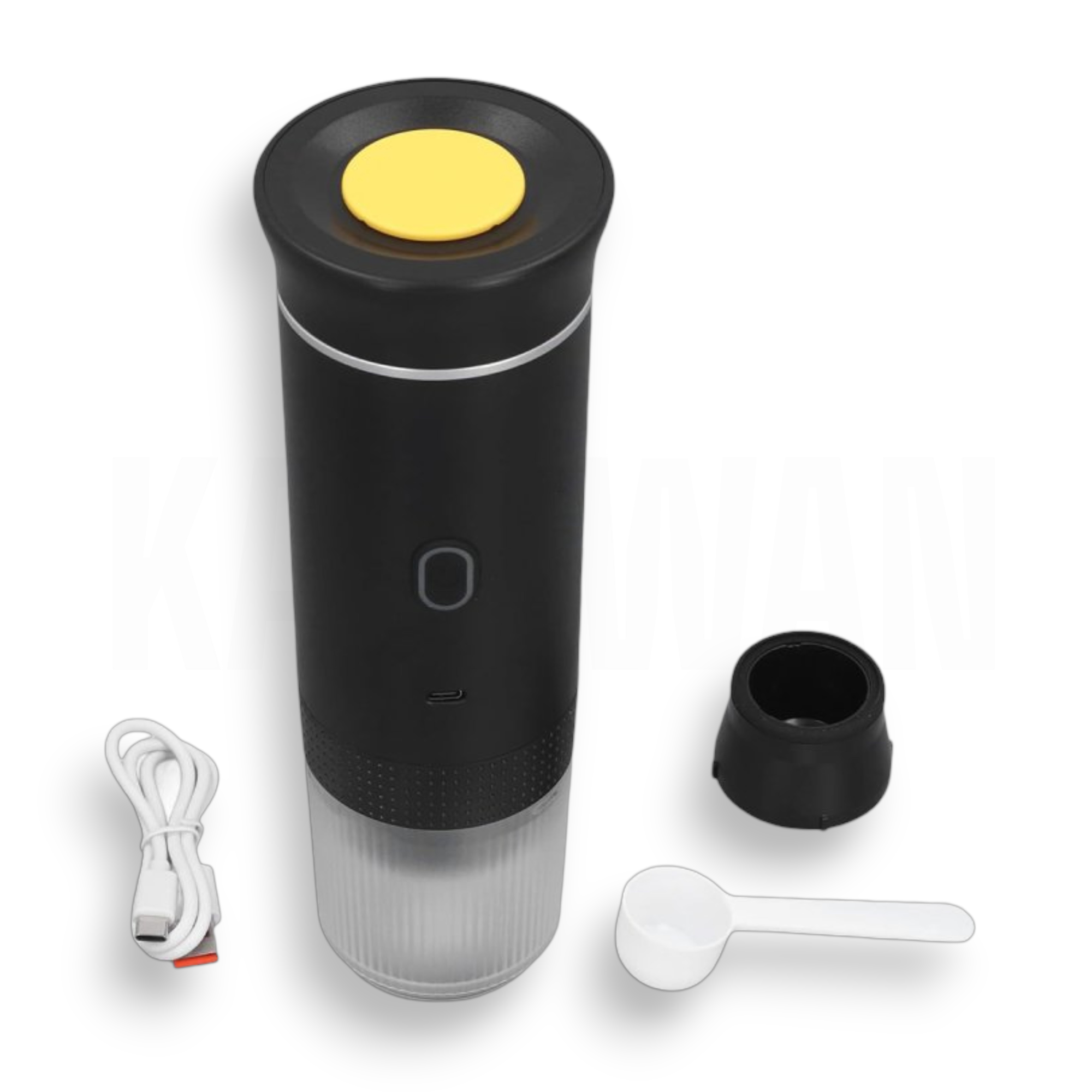 Molinillo de café negro con botón amarillo, cable USB, cuchara y tapa.