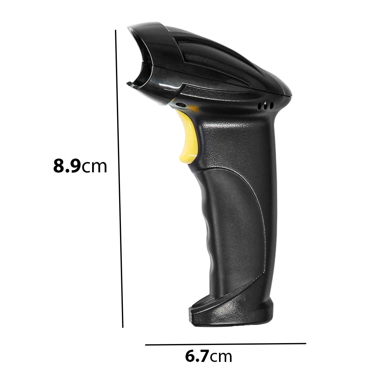 Scanner di codici a barre nero con grilletto giallo. Dimensioni: 8,9 cm e 6,7 cm.